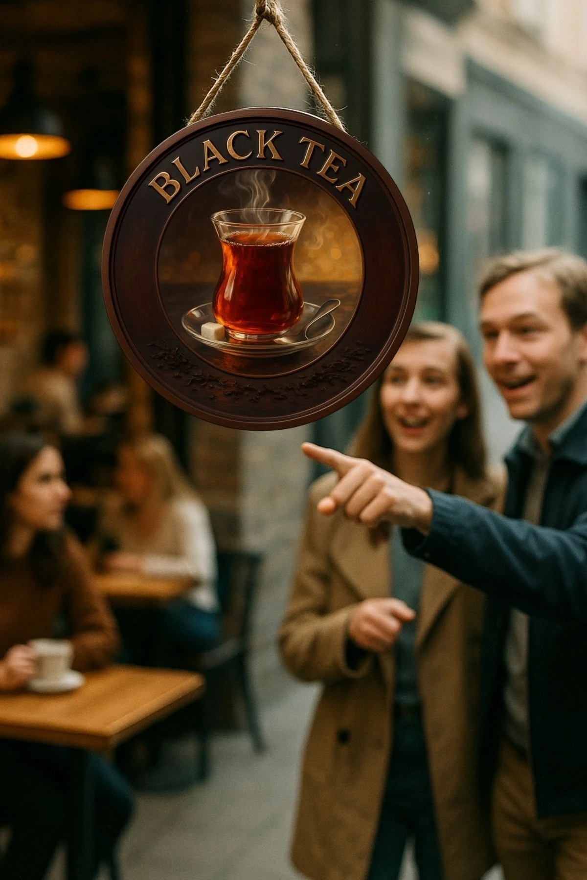Black Tea Temalı Yuvarlak Cafe Tabelası – Jüt İpli Ahşap Duvar & Kapı Dekoru | Barista Tarzı Süs