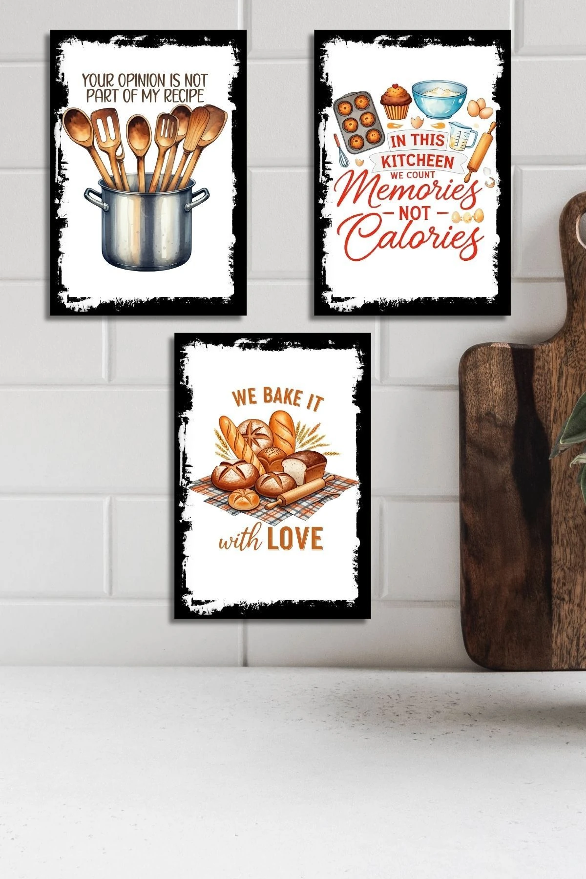 3'lü Ahşap Duvar Posterleri Seti, Mutfak, Cafe veya Yemek Odası için Modern Tablo Dekorasyonu