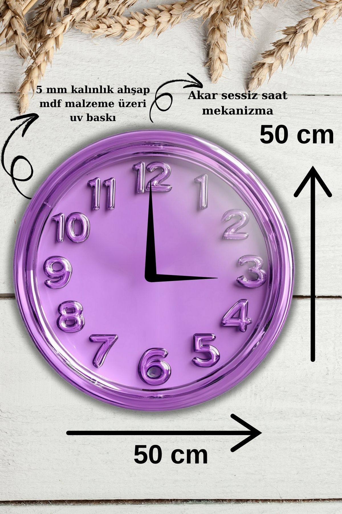 Büyük Boy Ahşap Dekoratif Mor Renkli Duvar Saati Yuvarlak Modern Sessiz Akar Duvar Saati Modeli