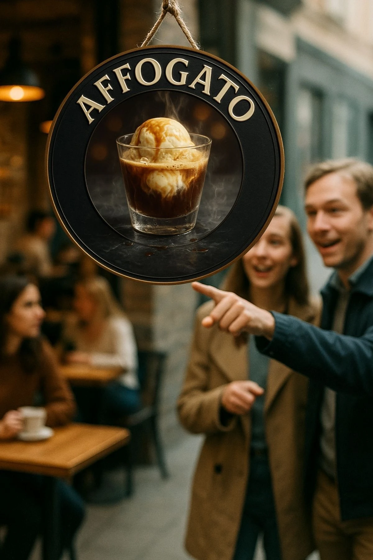 Affogato Temalı Yuvarlak Cafe Tabelası – Jüt İpli Ahşap Duvar & Kapı Dekoru | Barista Tarzı Süs