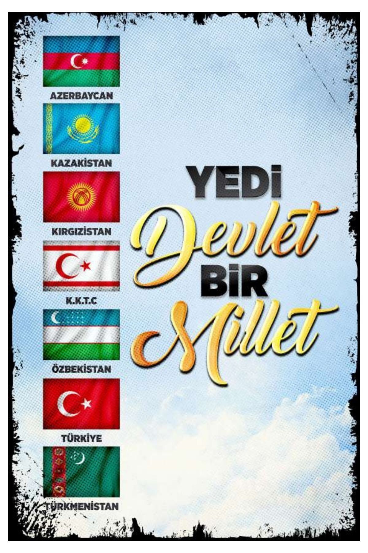 Yedi Devlet Bir Millet Ahşap Mdf Poster, Modern Duvar Dekoru, Sanatsal Poster, Ev, Cafe Duvar Süs