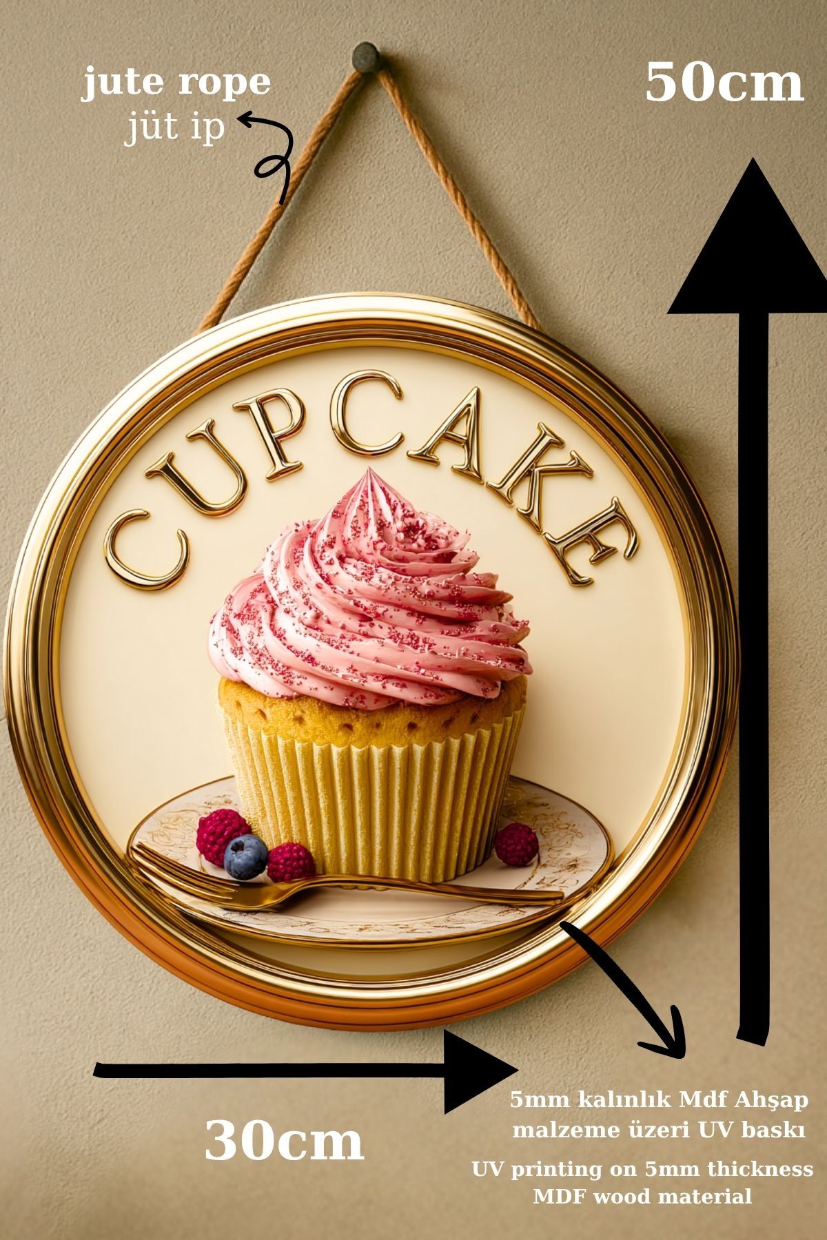 Cupcake Muffin Temalı İpli Ahşap Kapı Duvar Süsü, Pastane, Tatlı Dükkanı, Cafe Tablo Dekoru