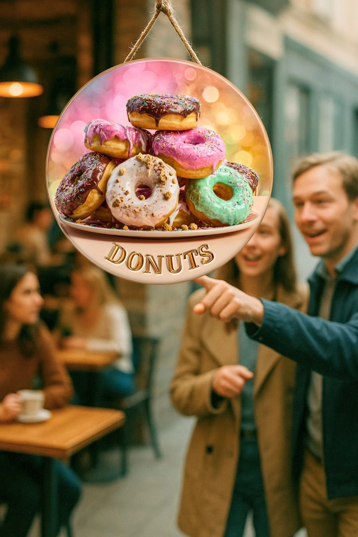 Donut Temalı İpli Ahşap Kapı Duvar Süsü, Pastane, Tatlı Dükkanı, Cafe Tablo Dekoru