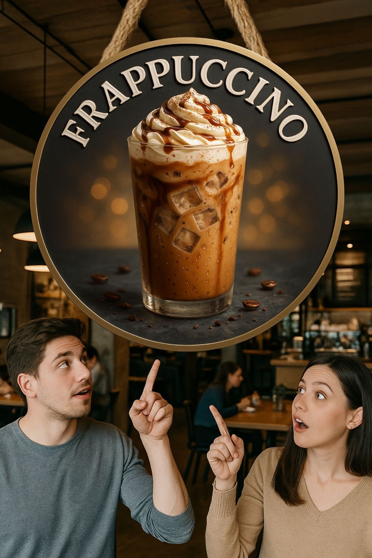 Frappuccino Temalı Yuvarlak Cafe Tabelası – Jüt İpli Ahşap Duvar & Kapı Dekoru | Barista Tarzı Süs