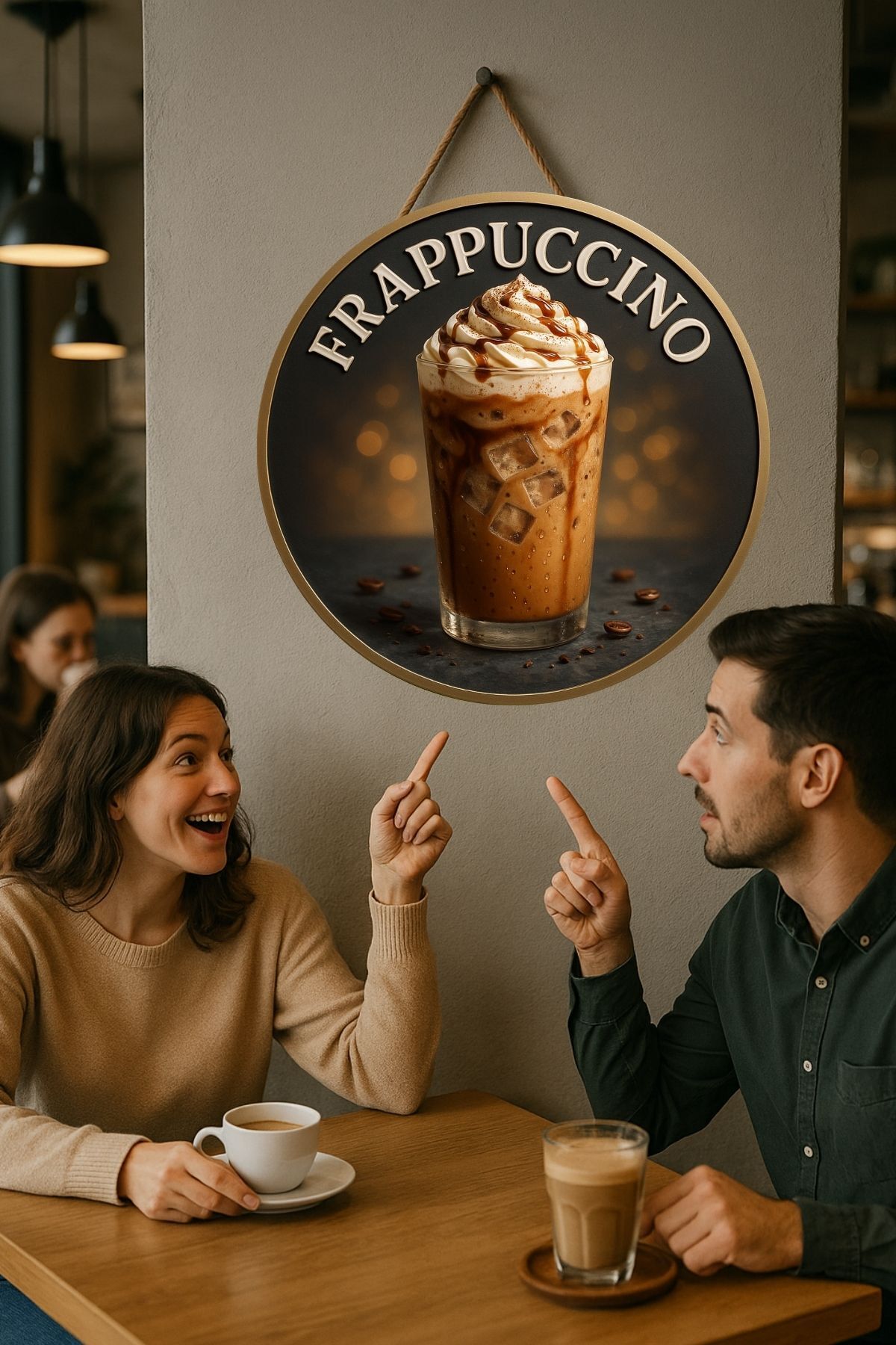 Frappuccino Temalı Yuvarlak Cafe Tabelası – Jüt İpli Ahşap Duvar & Kapı Dekoru | Barista Tarzı Süs