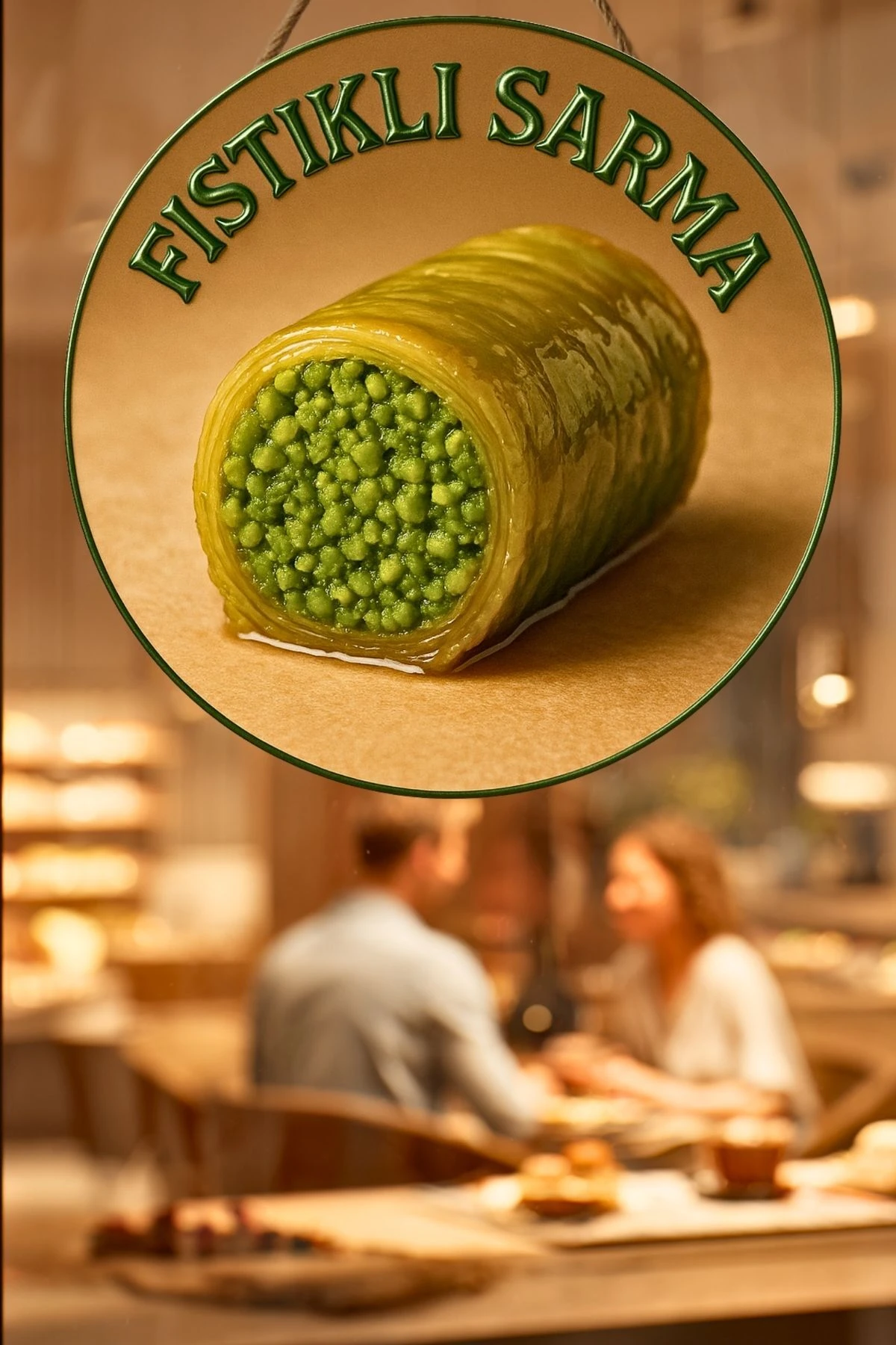 Fıstıklı Sarma Temalı İpli Ahşap Kapı Duvar Süsü, Pastane, Tatlı Dükkanı, Cafe Tablo Dekoru