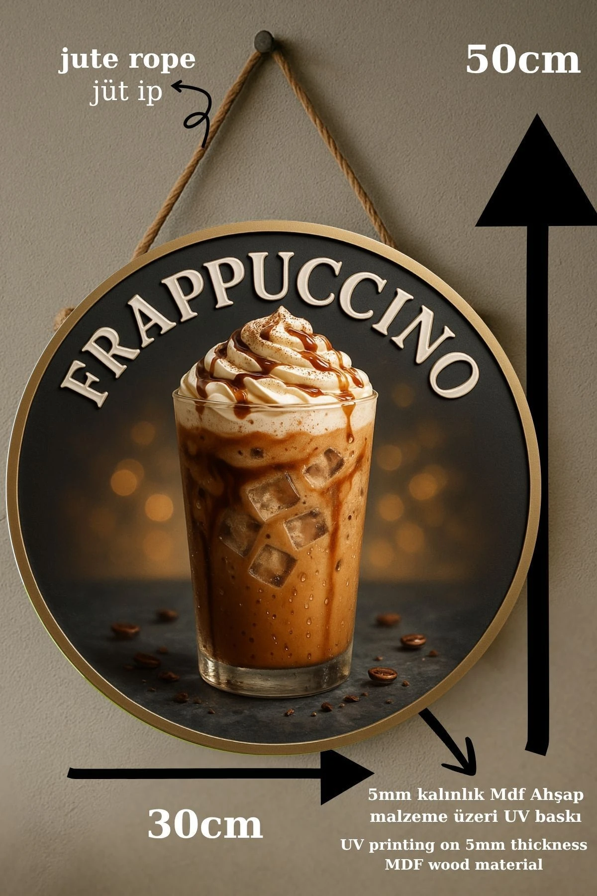 Frappuccino Temalı Yuvarlak Cafe Tabelası – Jüt İpli Ahşap Duvar & Kapı Dekoru | Barista Tarzı Süs