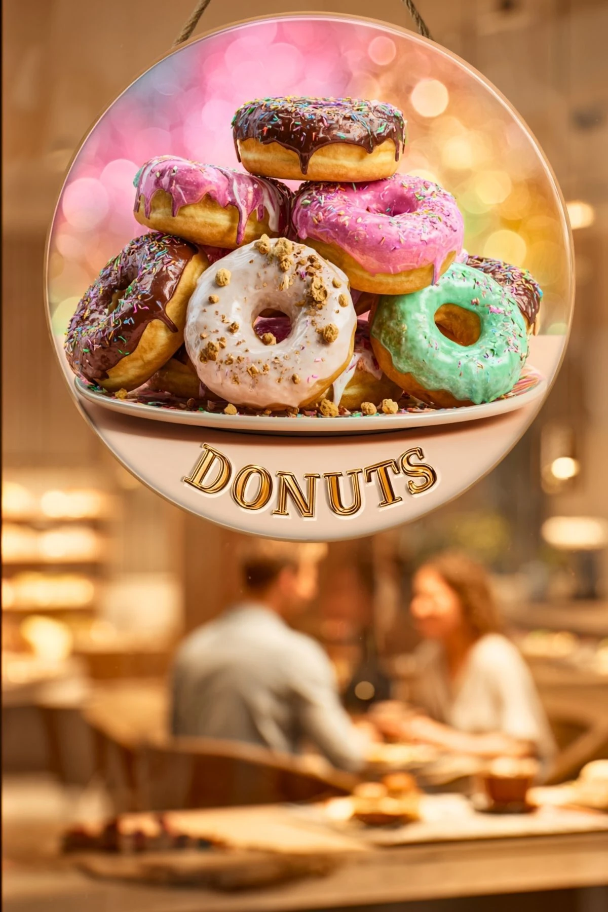 Donut Temalı İpli Ahşap Kapı Duvar Süsü, Pastane, Tatlı Dükkanı, Cafe Tablo Dekoru