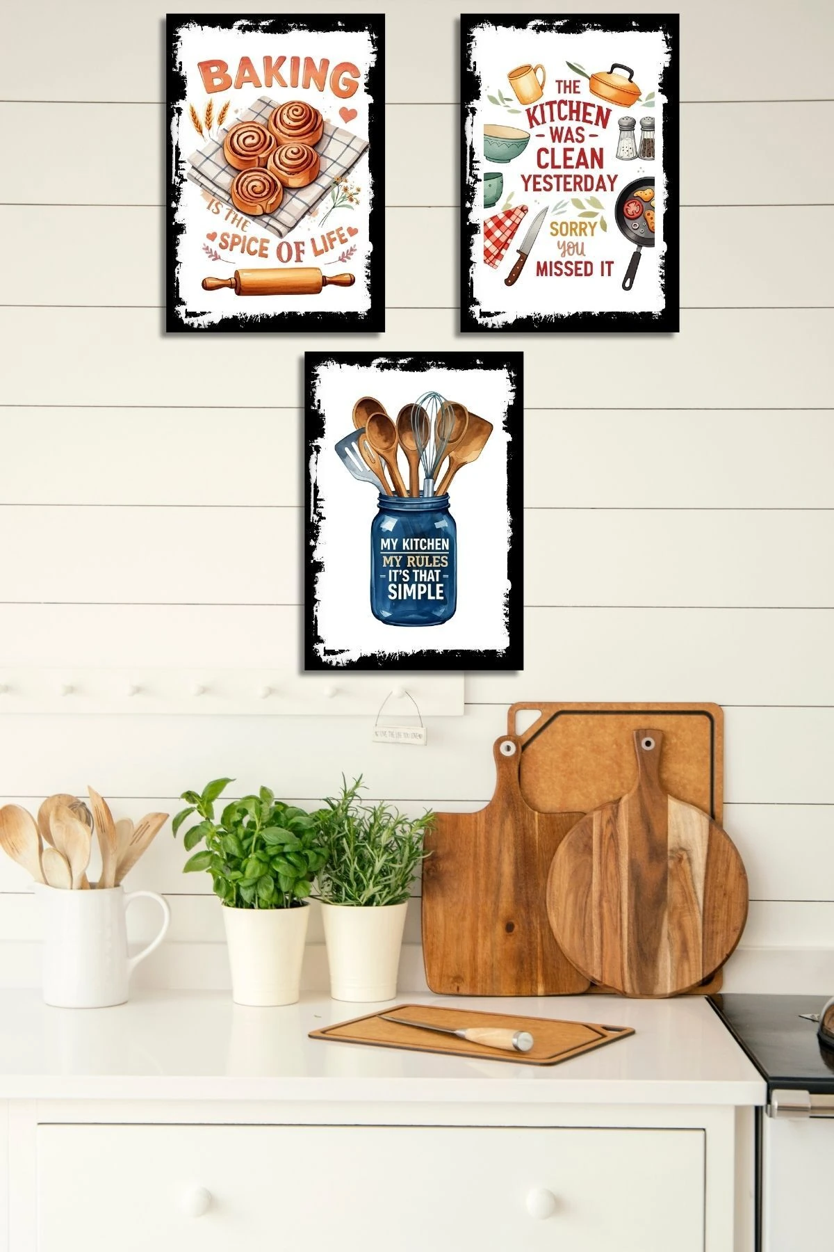 3'lü Ahşap Duvar Posterleri Seti, Mutfak, Cafe veya Yemek Odası için Modern Tablo Dekorasyonu