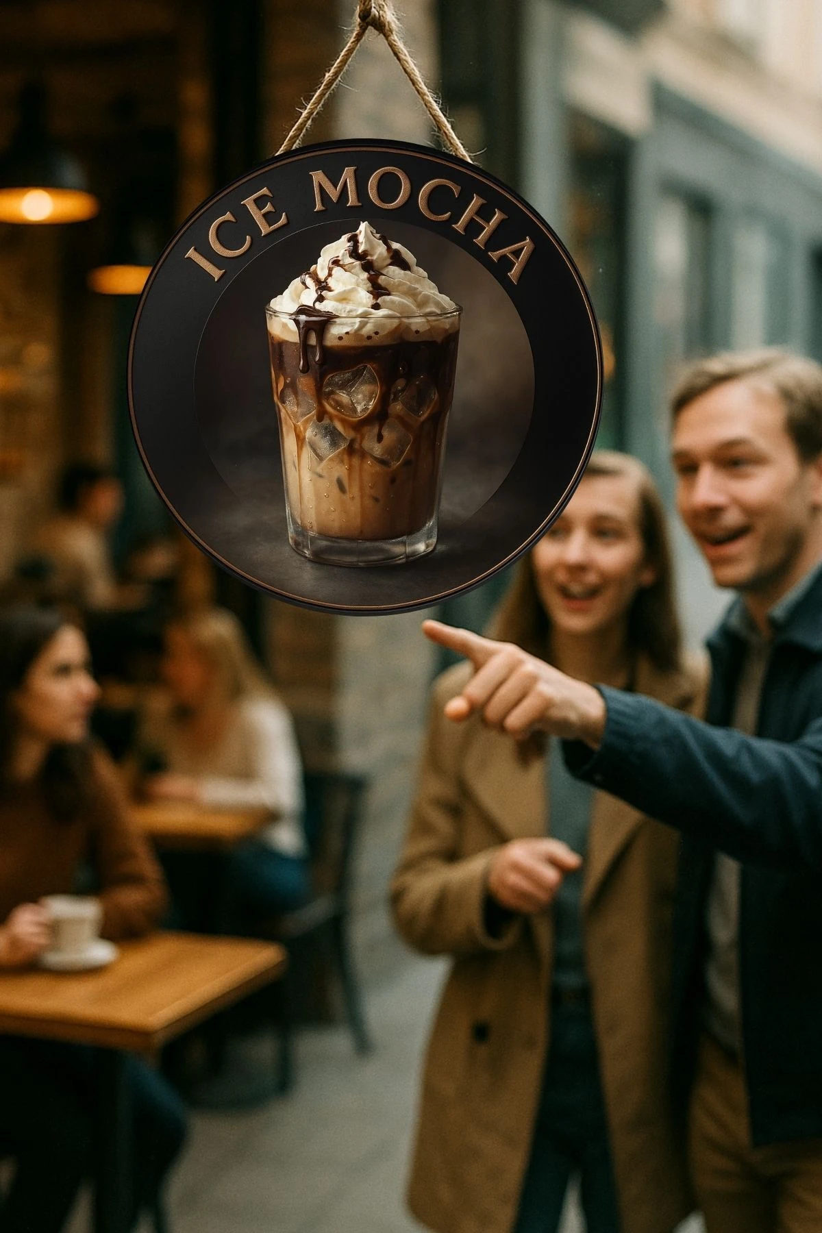 Ice Mocha Temalı Yuvarlak Cafe Tabelası – Jüt İpli Ahşap Duvar & Kapı Dekoru | Barista Tarzı Süs