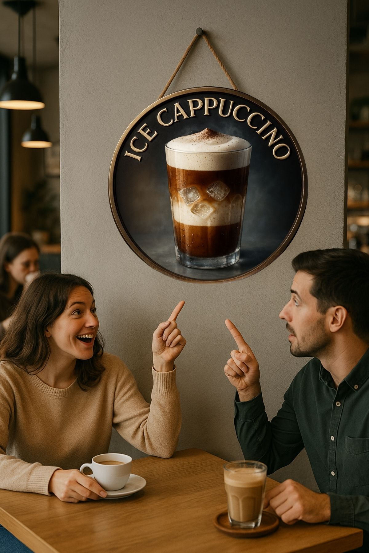 Ice Cappuccino Temalı Yuvarlak Cafe Tabelası – Jüt İpli Ahşap Duvar & Kapı Dekoru | Barista Süsü