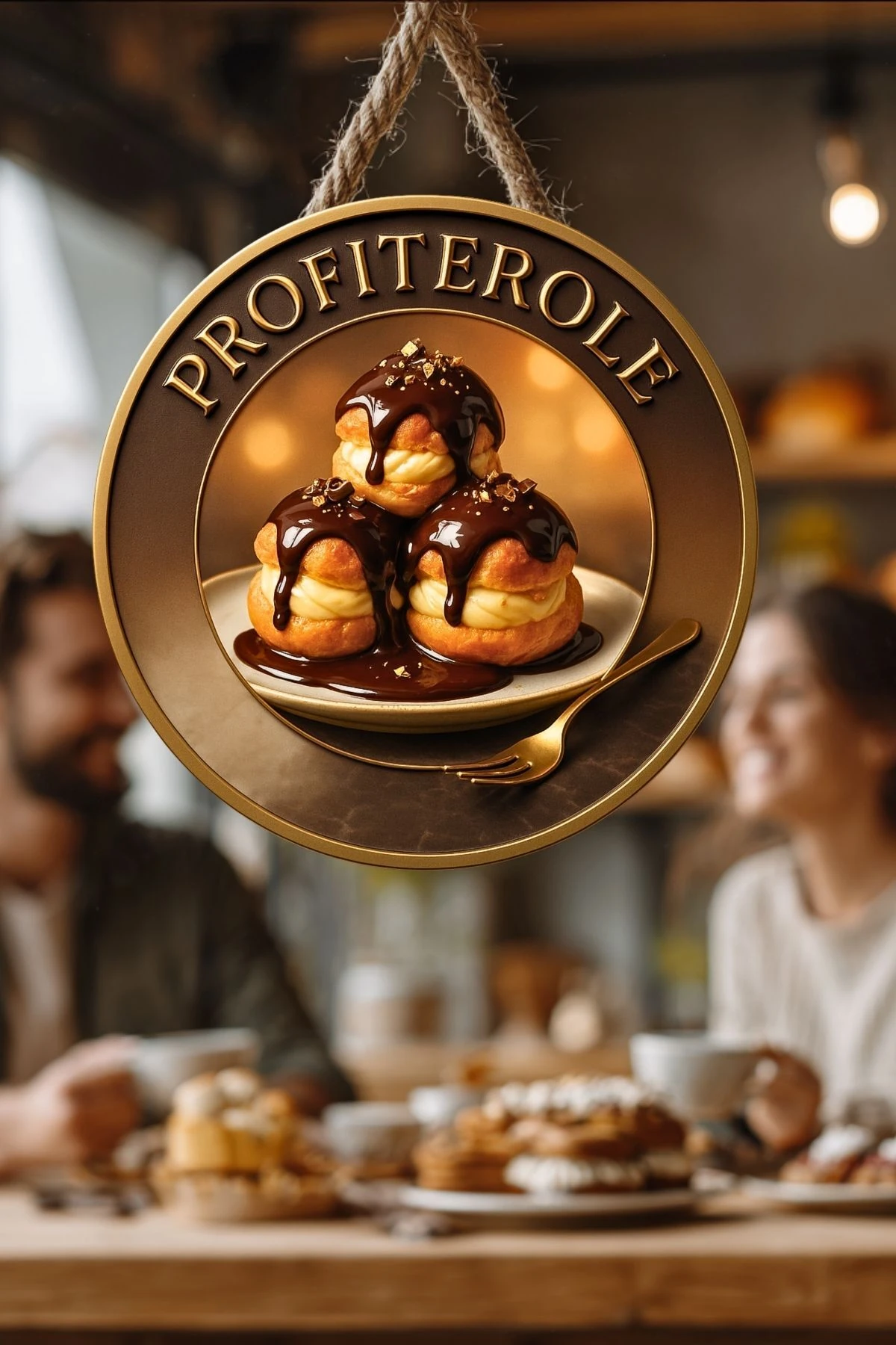 Profiterol Temalı İpli Ahşap Kapı Duvar Süsü, Pastane, Tatlı Dükkanı, Cafe Tablo Dekoru
