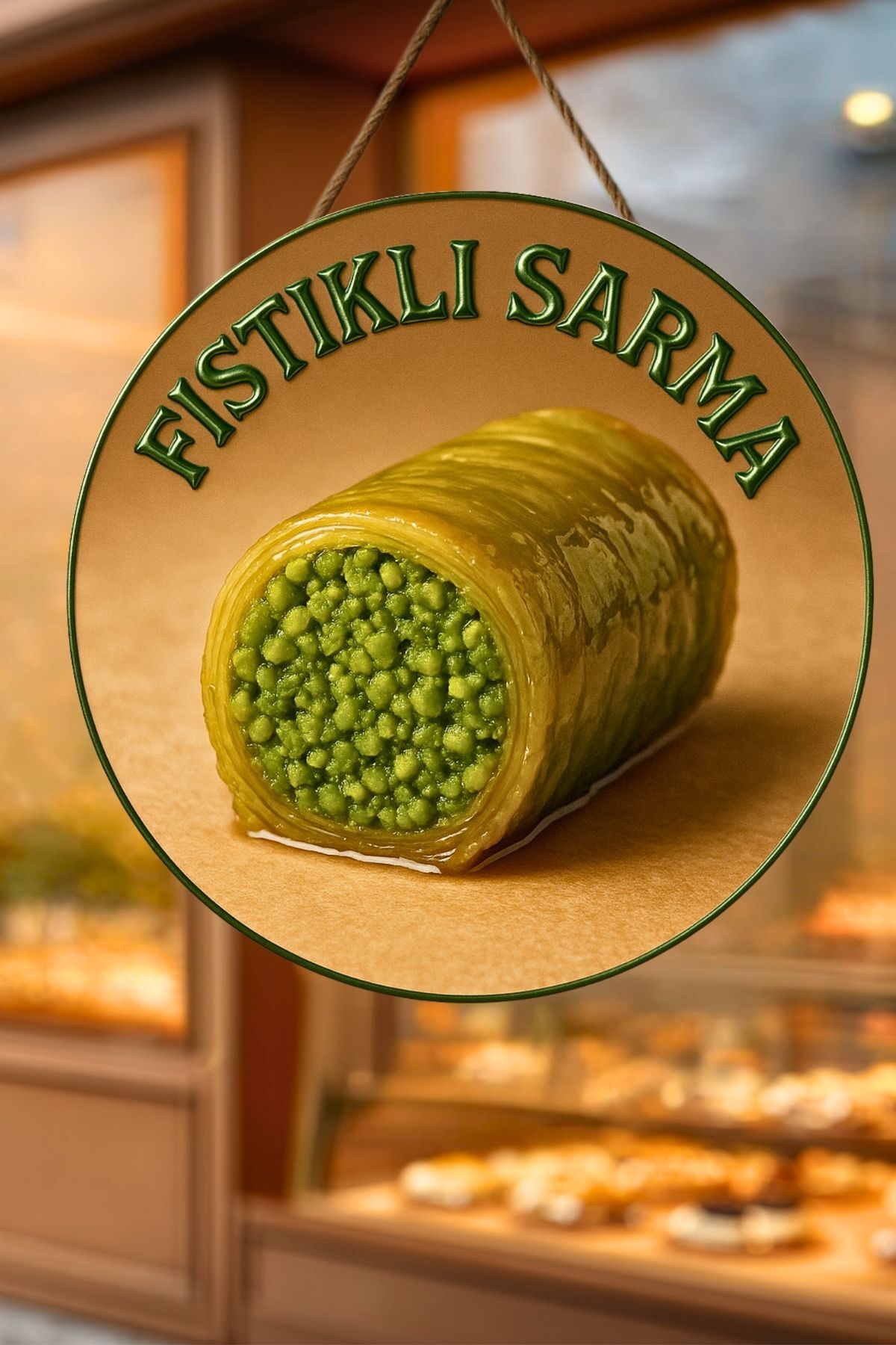 Fıstıklı Sarma Temalı İpli Ahşap Kapı Duvar Süsü, Pastane, Tatlı Dükkanı, Cafe Tablo Dekoru