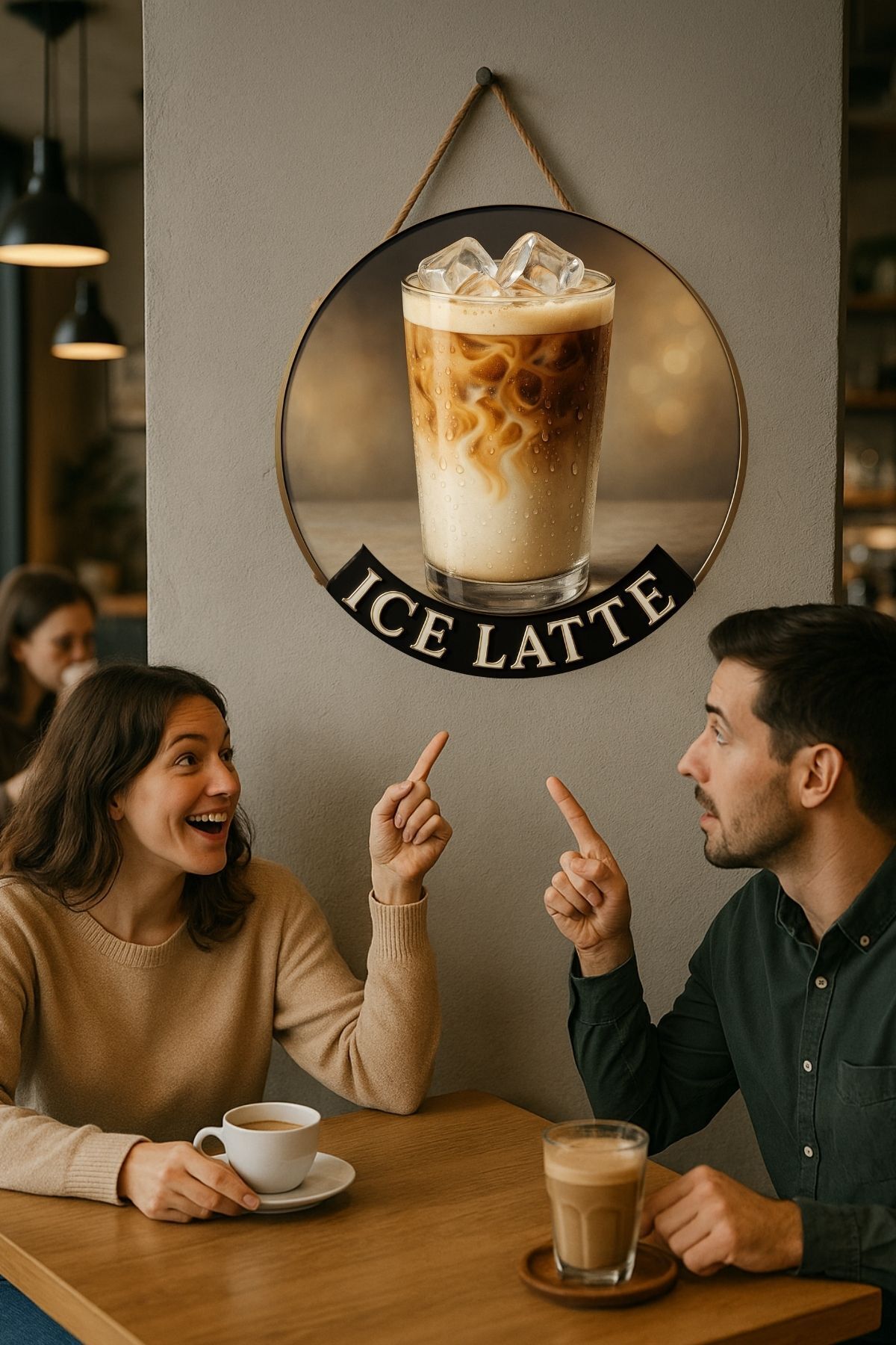 Ice Latte Temalı Yuvarlak Cafe Tabelası – Jüt İpli Ahşap Duvar & Kapı Dekoru | Barista Tarzı Süs