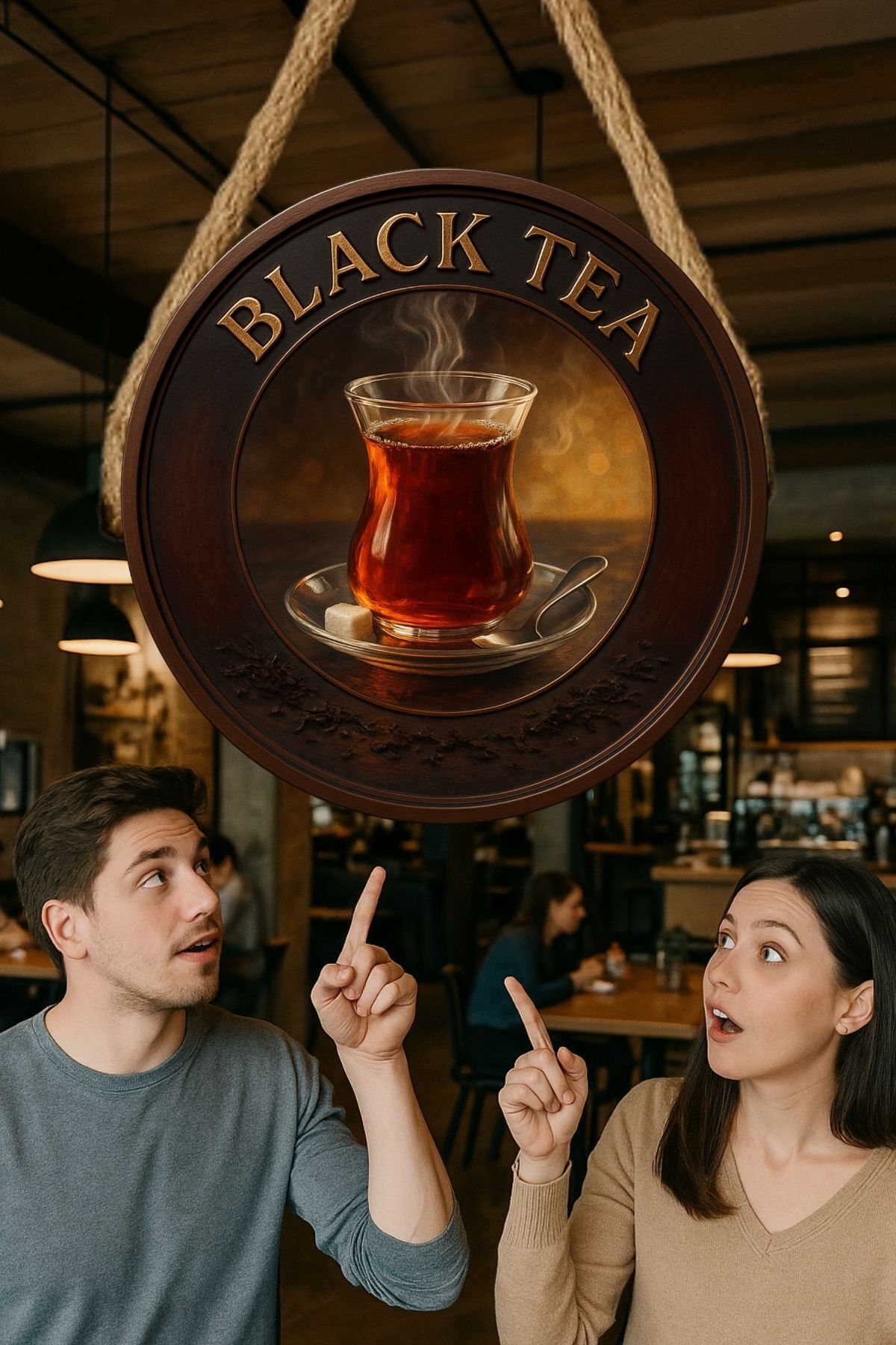 Black Tea Temalı Yuvarlak Cafe Tabelası – Jüt İpli Ahşap Duvar & Kapı Dekoru | Barista Tarzı Süs
