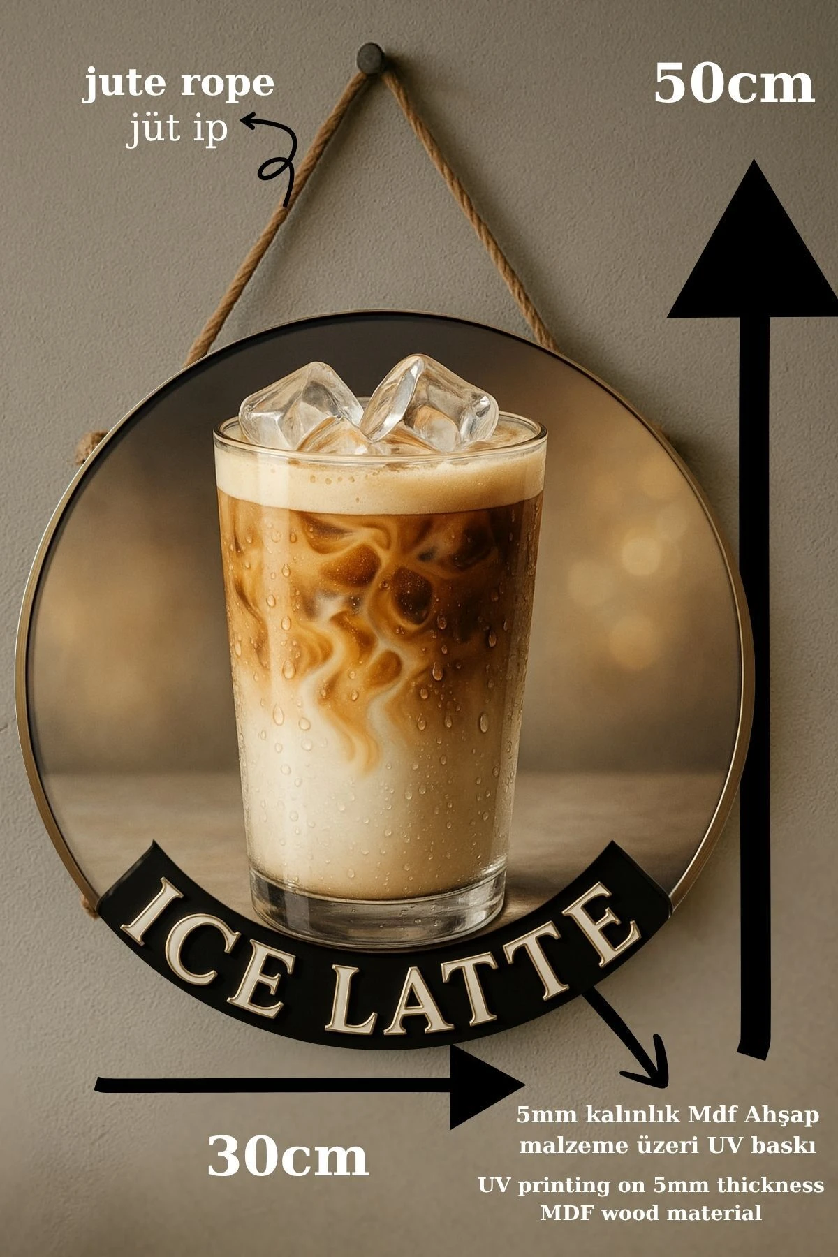 Ice Latte Temalı Yuvarlak Cafe Tabelası – Jüt İpli Ahşap Duvar & Kapı Dekoru | Barista Tarzı Süs