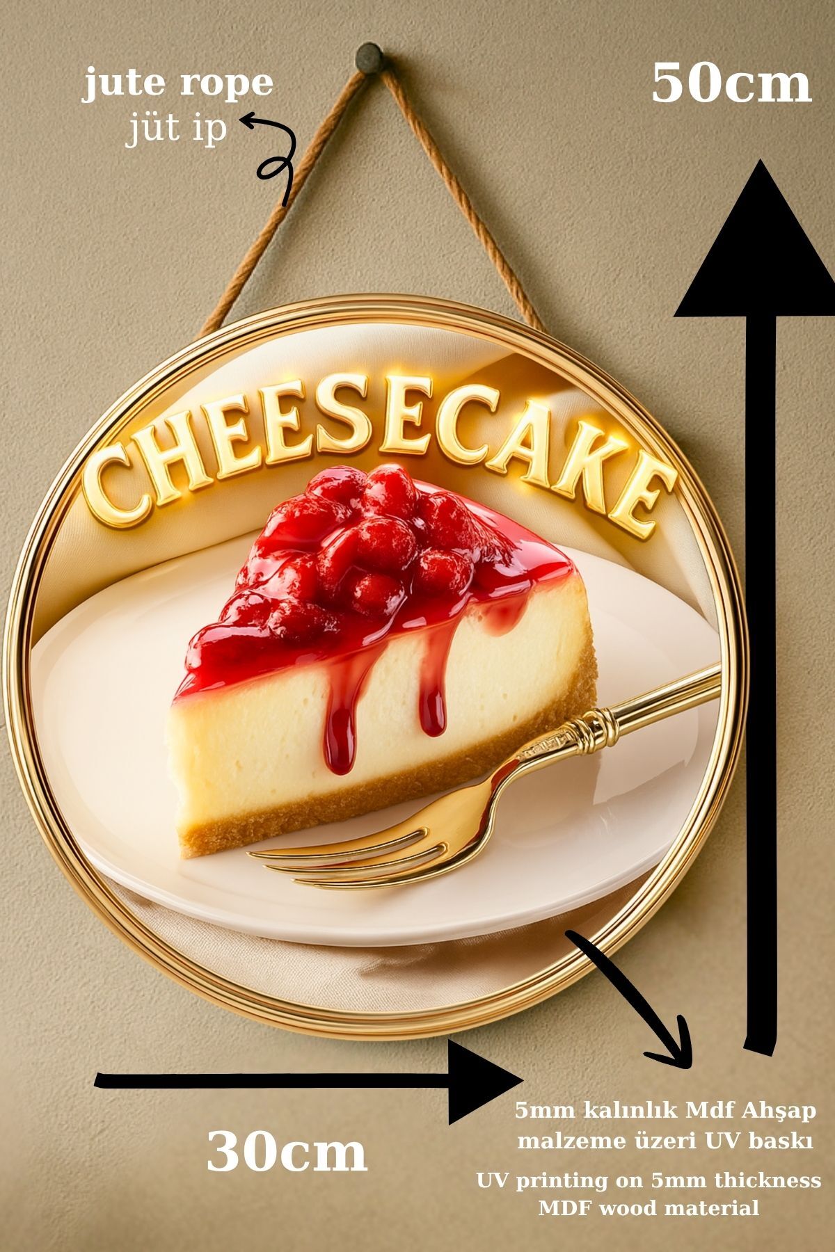 Cheesecake Temalı İpli Ahşap Kapı Duvar Süsü, Pastane, Tatlı Dükkanı, Cafe Tablo Dekoru