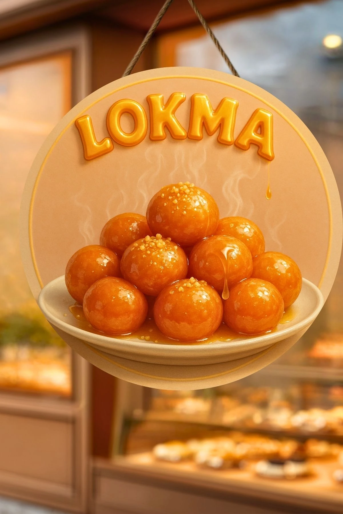 Lokma Tatlısı Temalı İpli Ahşap Kapı Duvar Süsü, Pastane, Tatlı Dükkanı, Cafe Tablo Dekoru