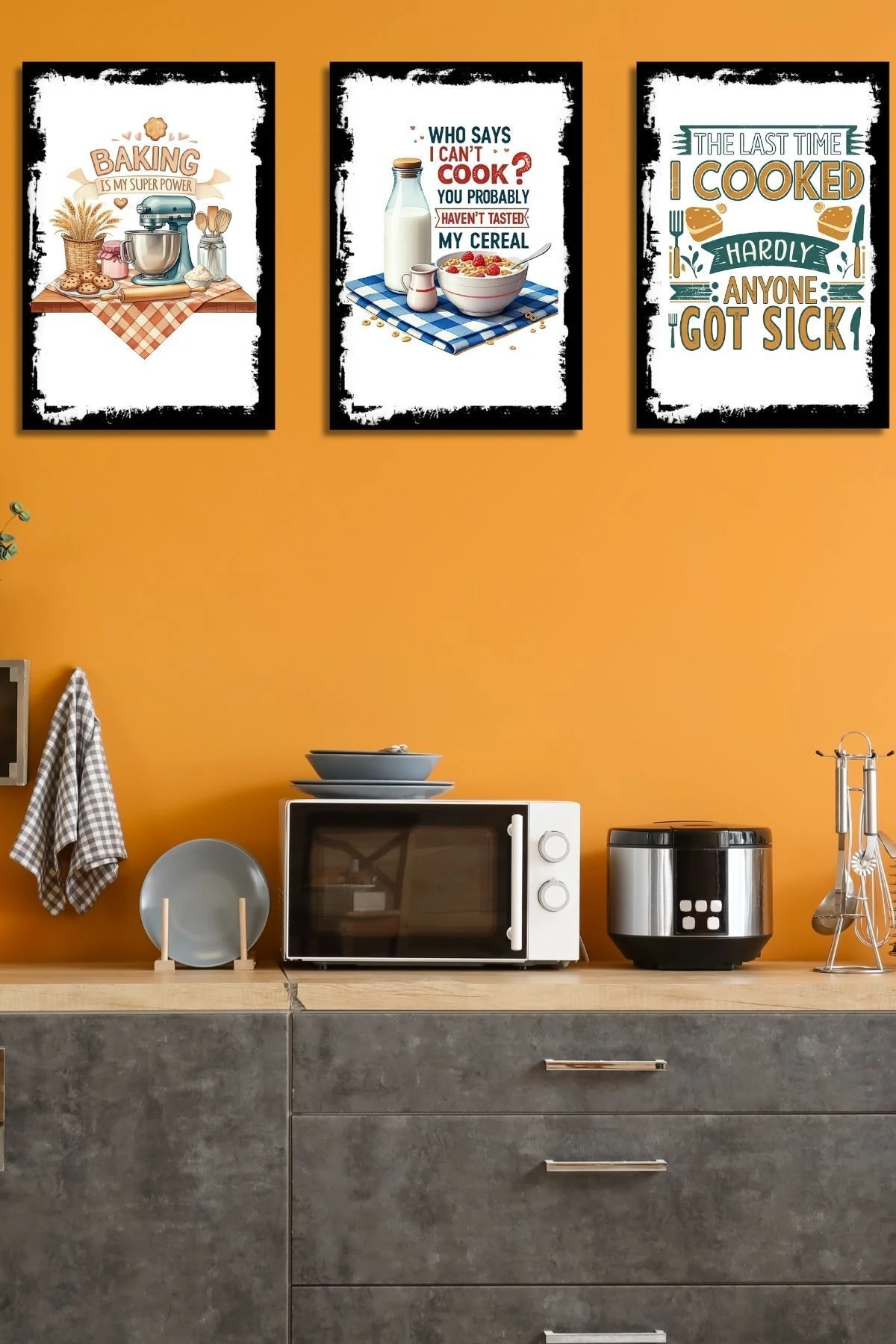 3'lü Ahşap Duvar Posterleri Seti, Mutfak, Cafe veya Yemek Odası için Modern Tablo Dekorasyonu