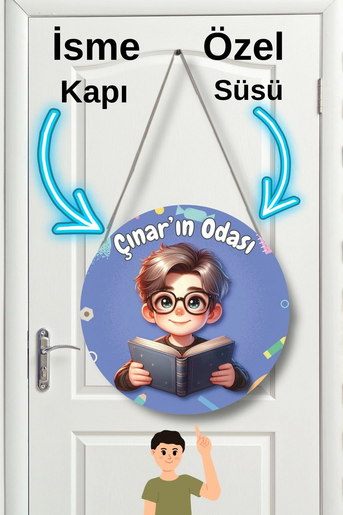 Kişiye Özel Erkek Çocuk Kapı Süsü – İsim Yazılabilir MDF Yuvarlak İpli Oda Dekoru