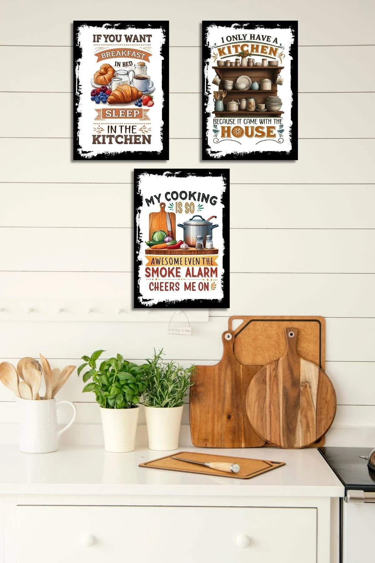 3'lü Ahşap Duvar Posterleri Seti, Mutfak, Cafe veya Yemek Odası için Modern Tablo Dekorasyonu