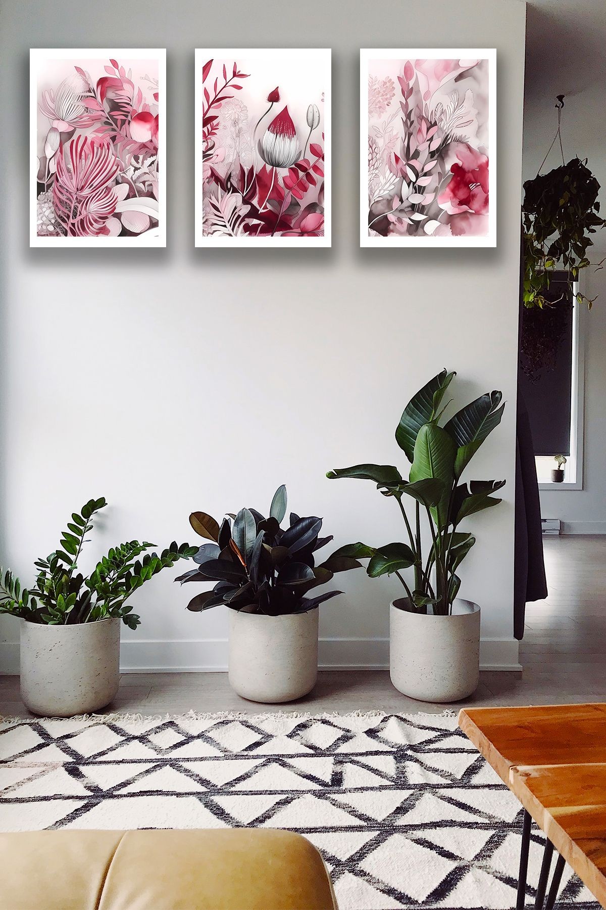 3 Parça Çerçeve Görünümlü Şık Boho Tablo Modeli, Oturma Odası, Salon, Ofis, Yatak Odası Duvar Dekoru