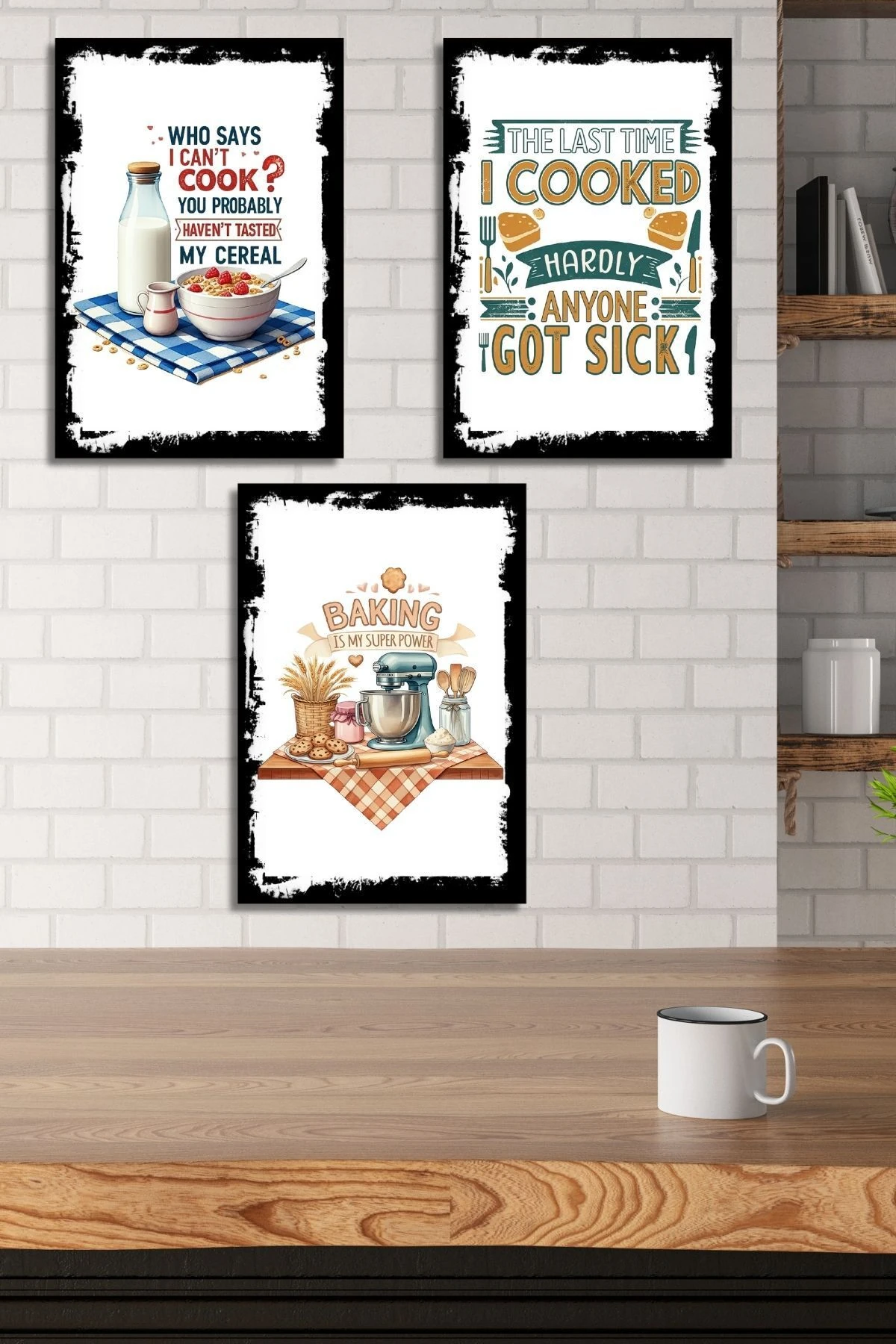 3'lü Ahşap Duvar Posterleri Seti, Mutfak, Cafe veya Yemek Odası için Modern Tablo Dekorasyonu