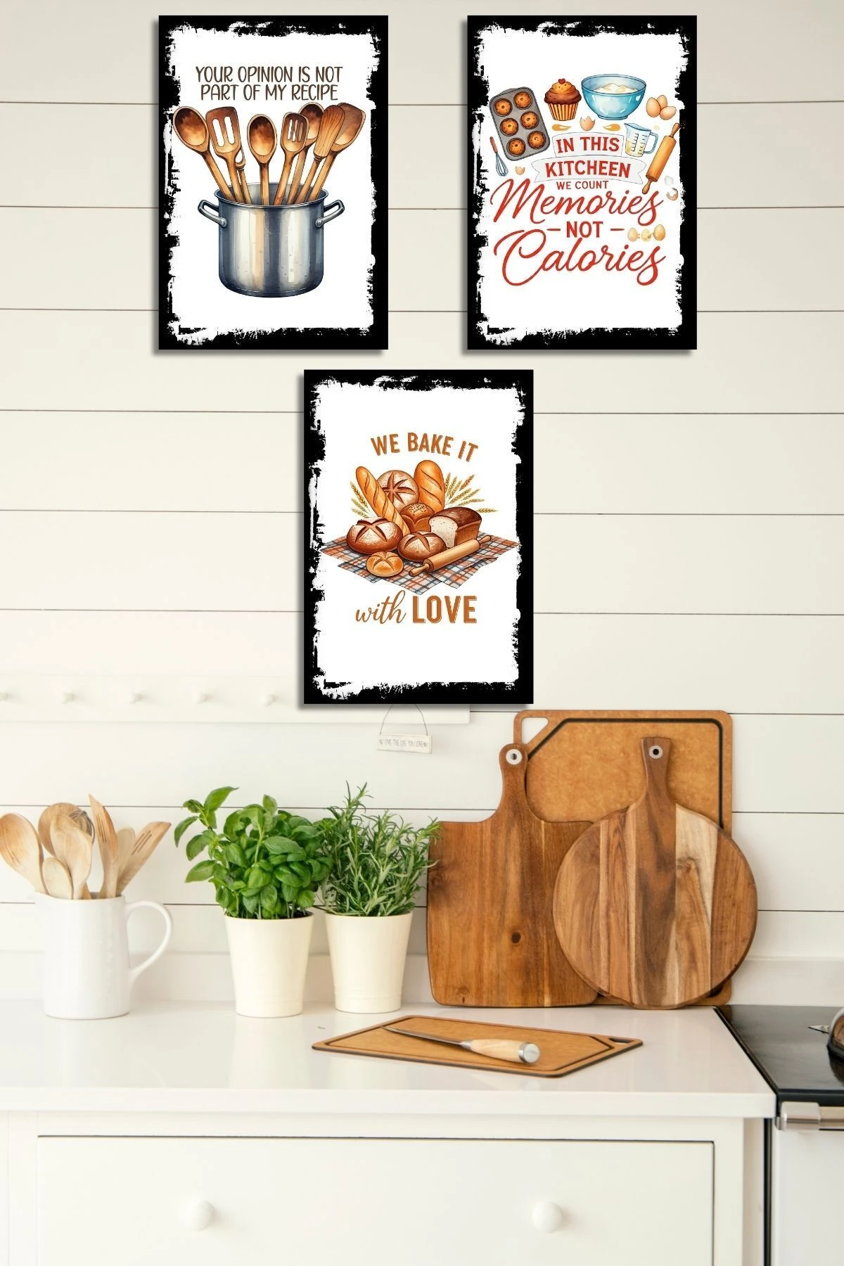 3'lü Ahşap Duvar Posterleri Seti, Mutfak, Cafe veya Yemek Odası için Modern Tablo Dekorasyonu