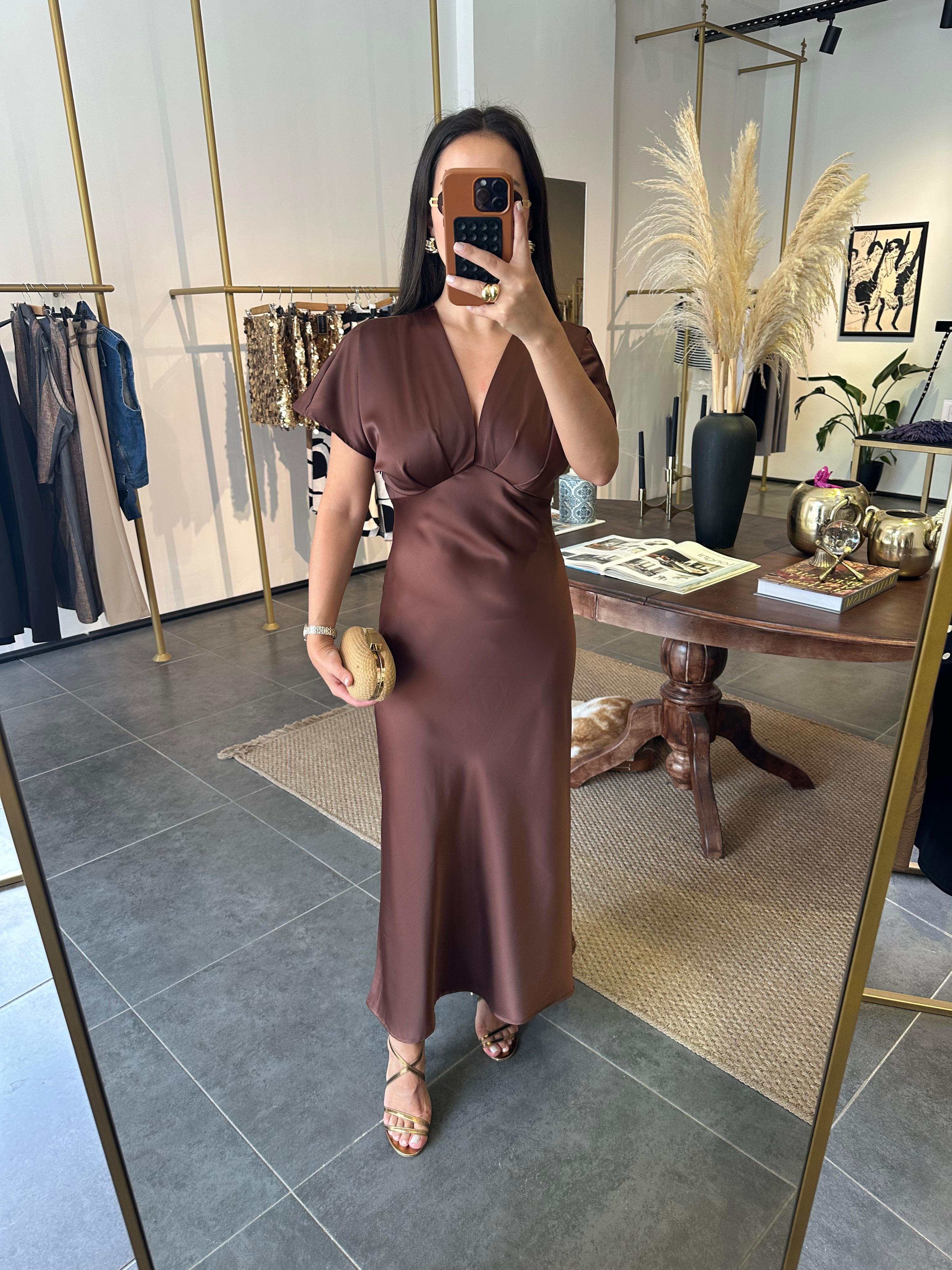 2890 Kahve Saten Elbise 