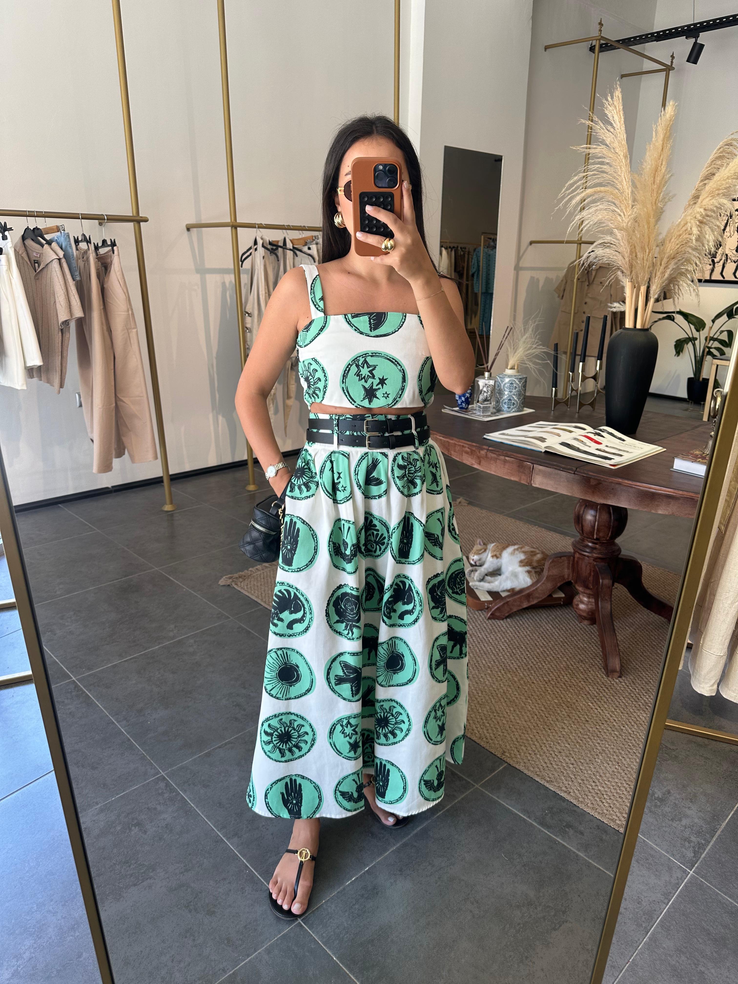 2909 Etnik Desenli Crop Takım