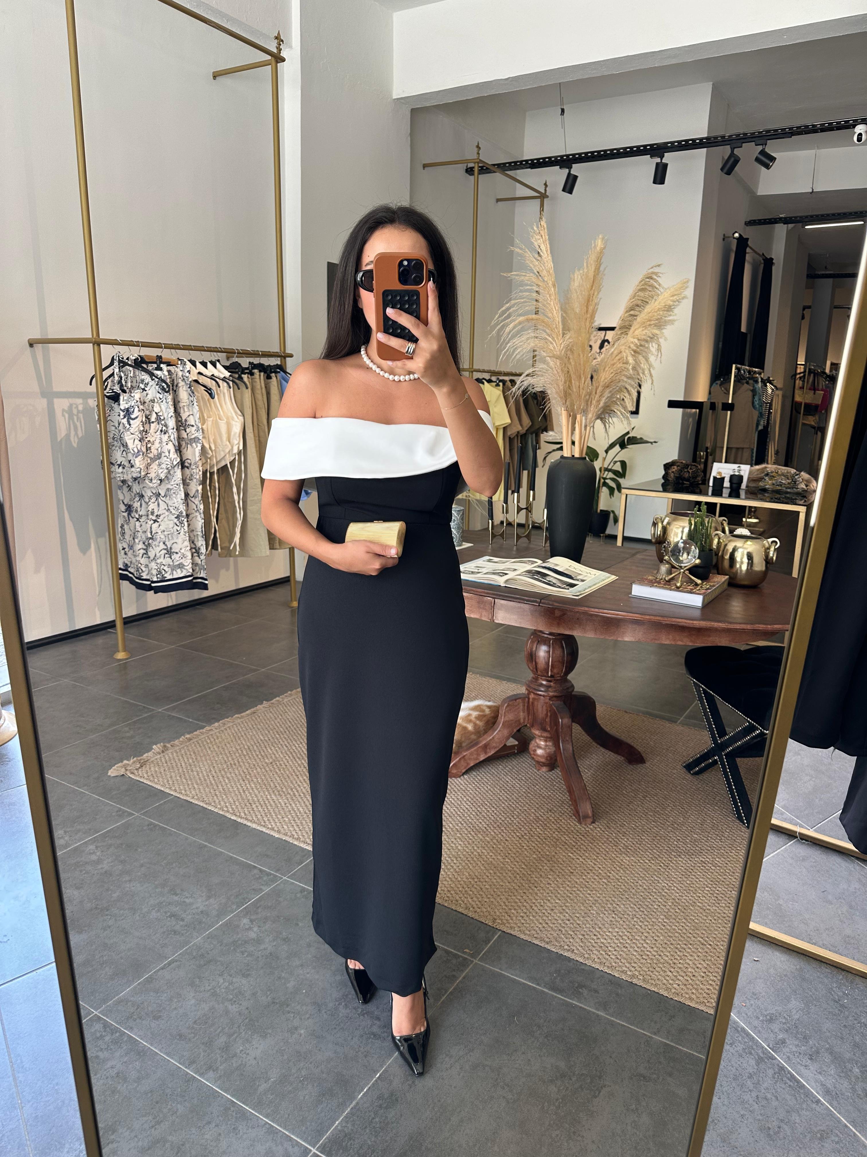 2908 Siyah Çift Renk Elbise 