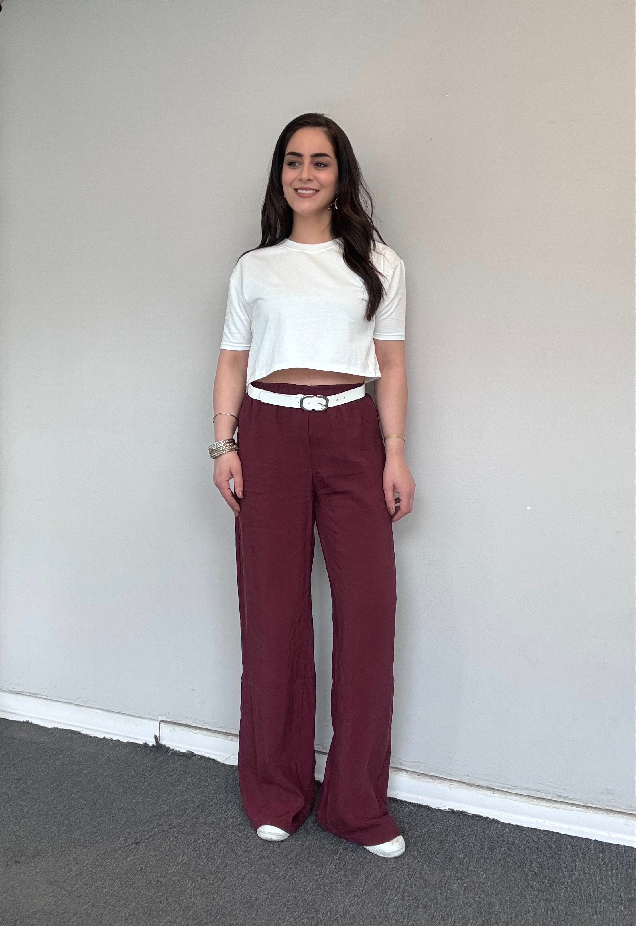 BORDO BELİ LASTİKLİ VE BAĞCIKLI TENCEL PANTOLON