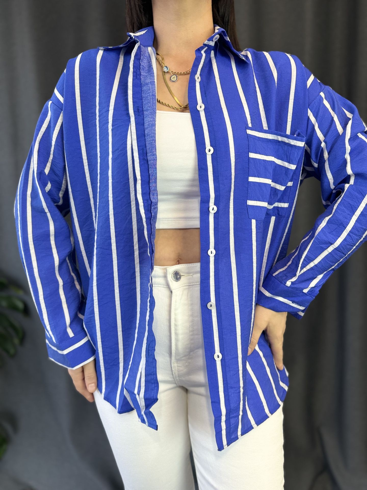 Ayrobin Keten Oversize Kalıp Çizgili Gömlek LACİVERT