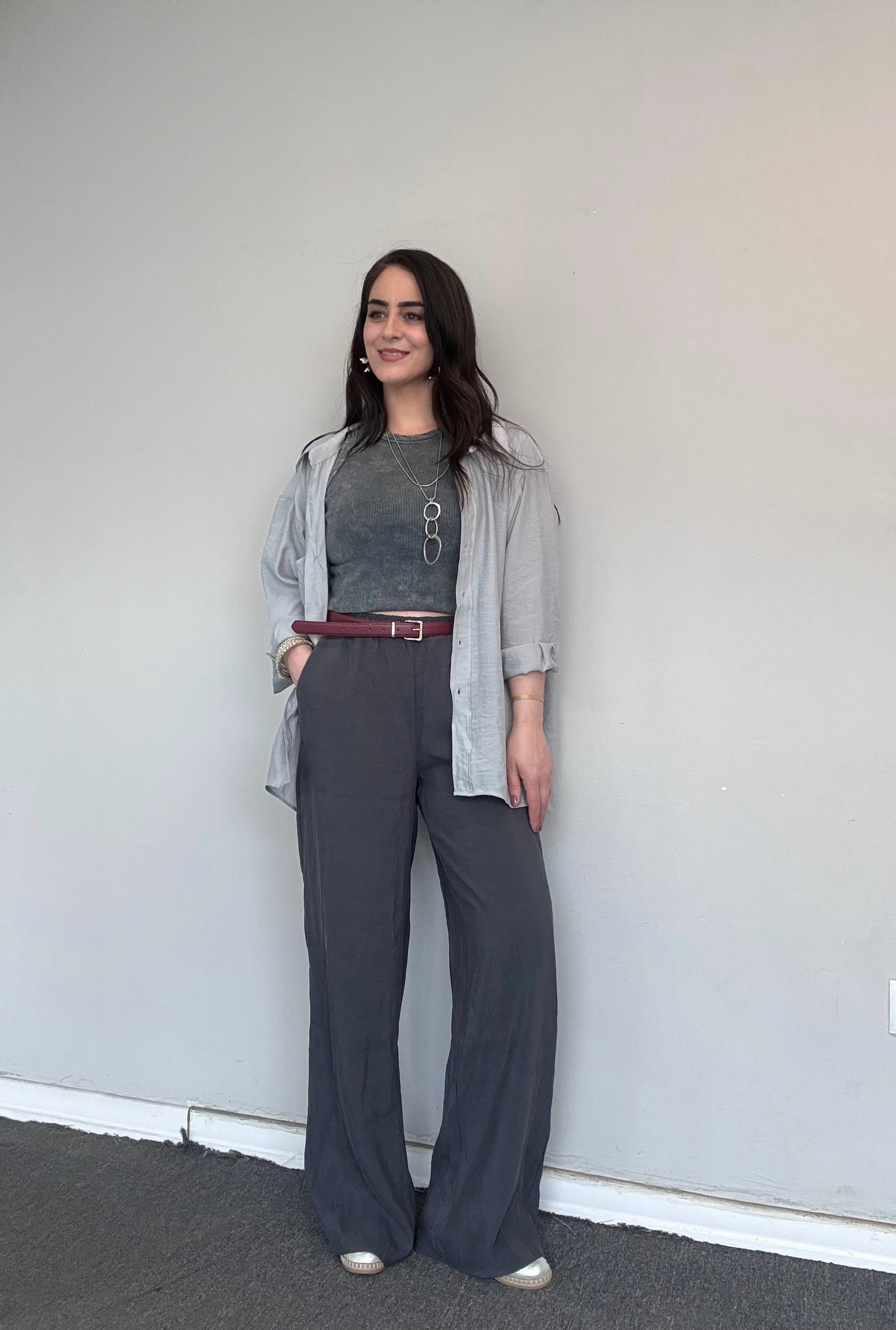 ANTRASİT FÜME BELİ LASTİKLİ VE BAĞCIKLI TENCEL PANTOLON