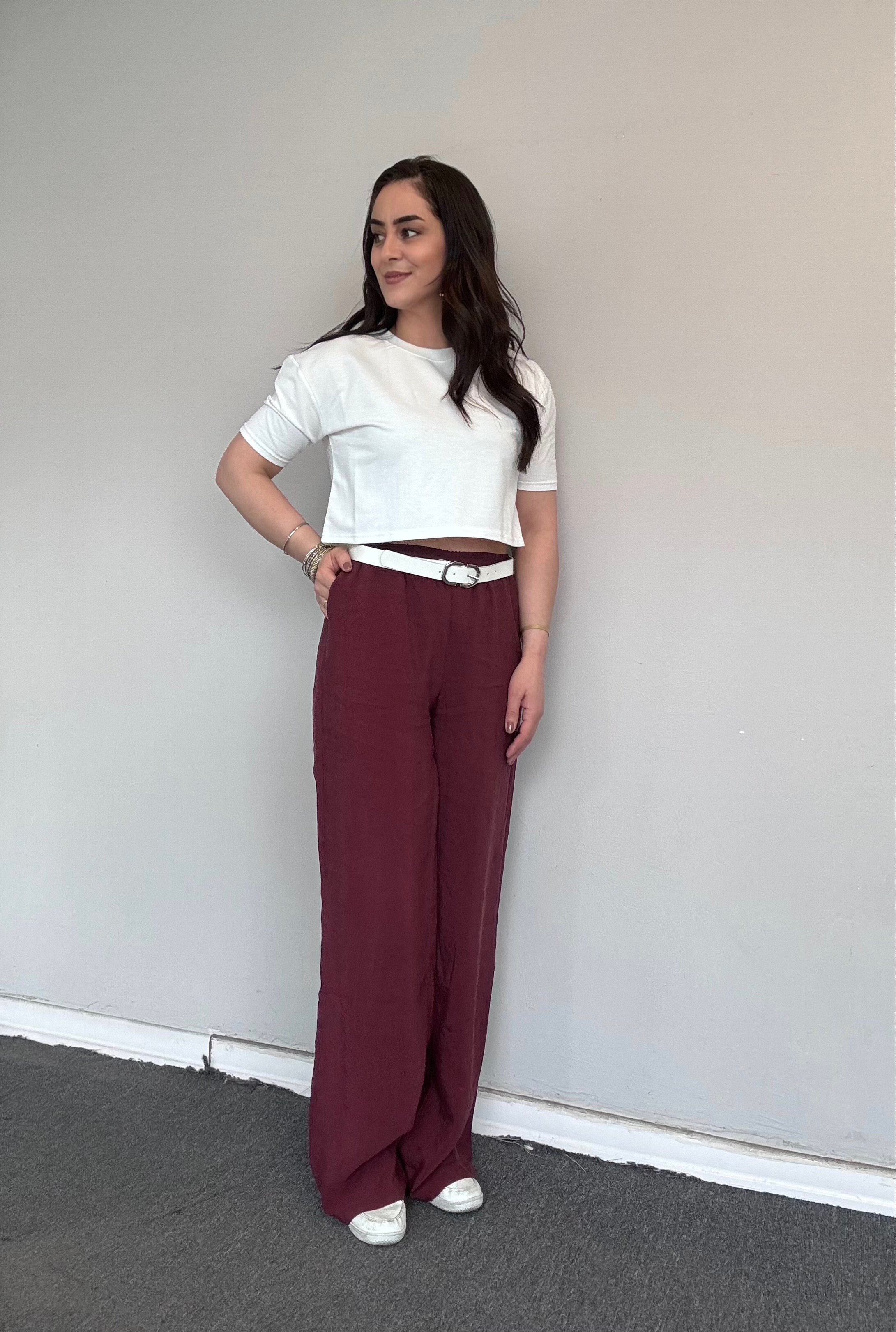 BORDO BELİ LASTİKLİ VE BAĞCIKLI TENCEL PANTOLON