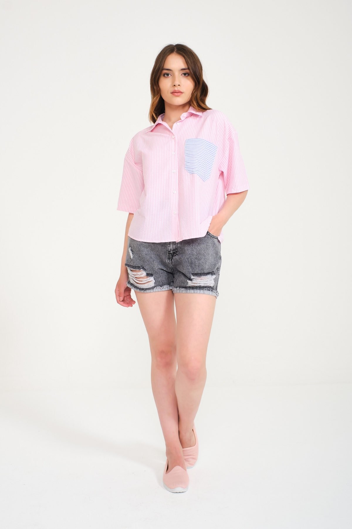 Kadın, Pembe, Oversize, Pamuklu, Cepli Gömlek