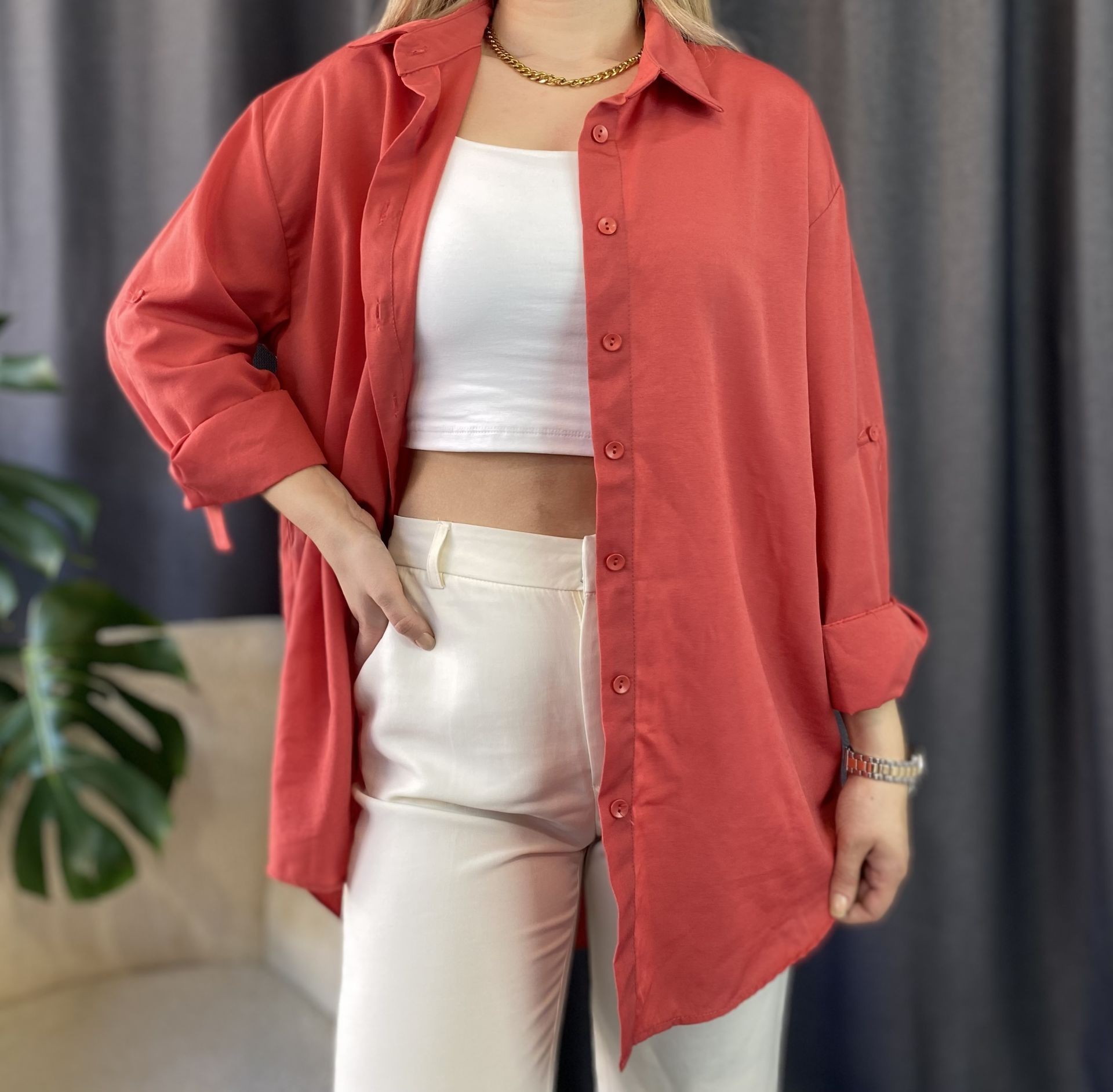 Oversize Kalıp Kırmızı Uzun Gömlek