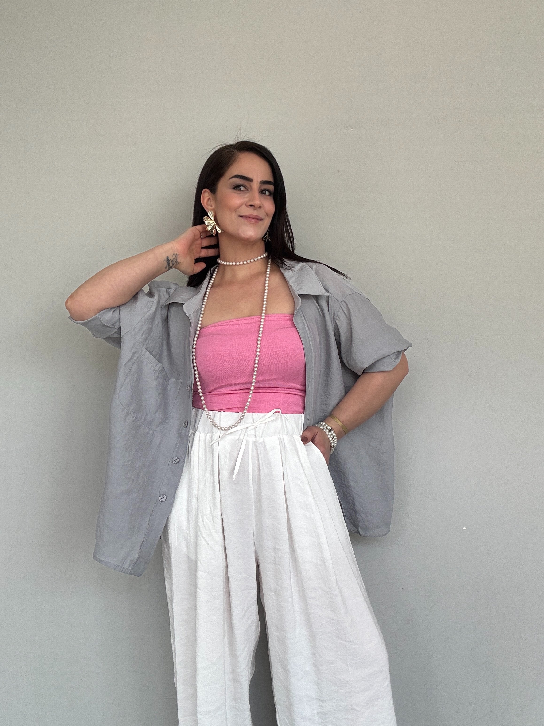 TENCEL KUMAŞ OVERSİZE CEPLİ GRİ GÖMLEK