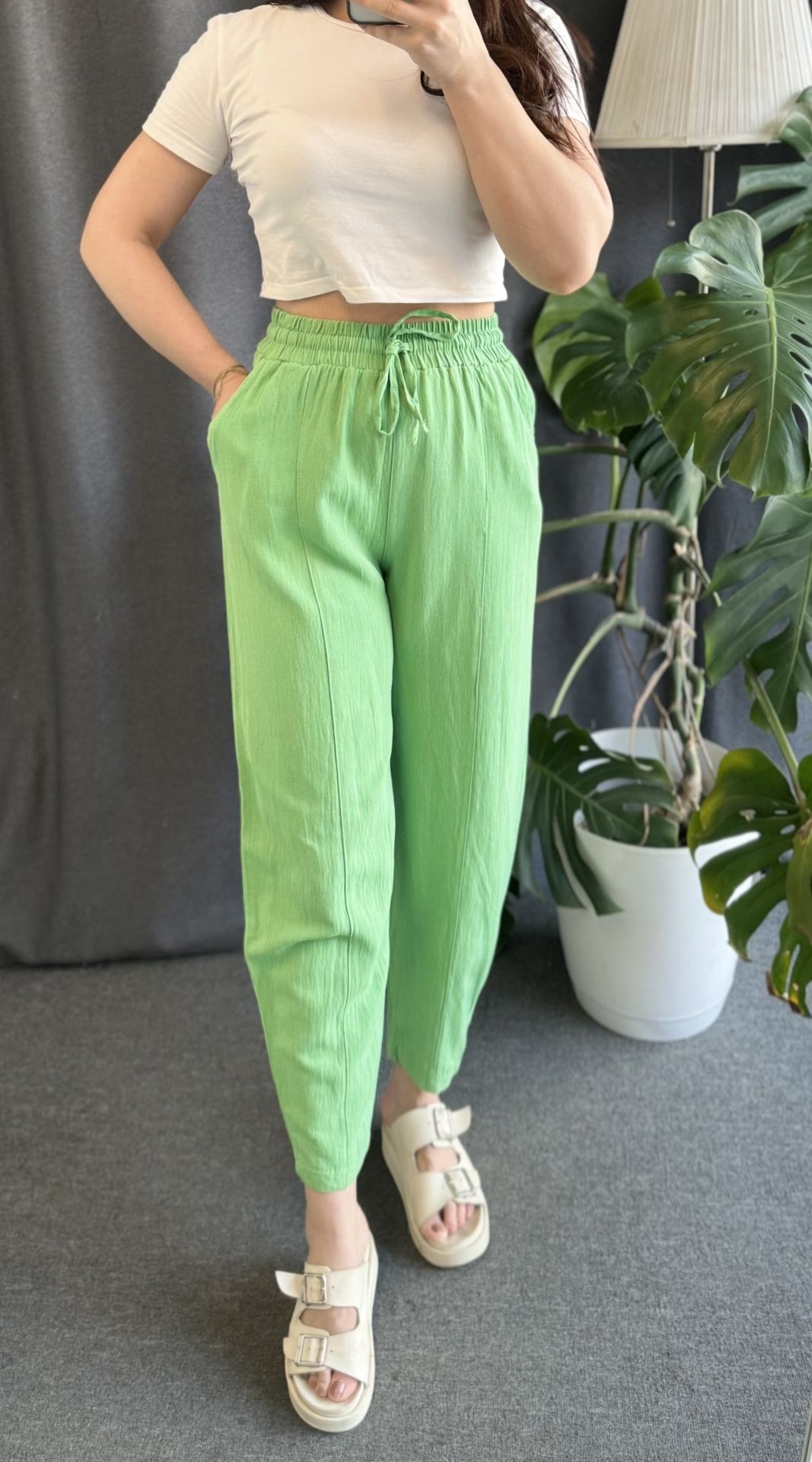 BALON MODEL YEŞİL KETEN PANTOLON