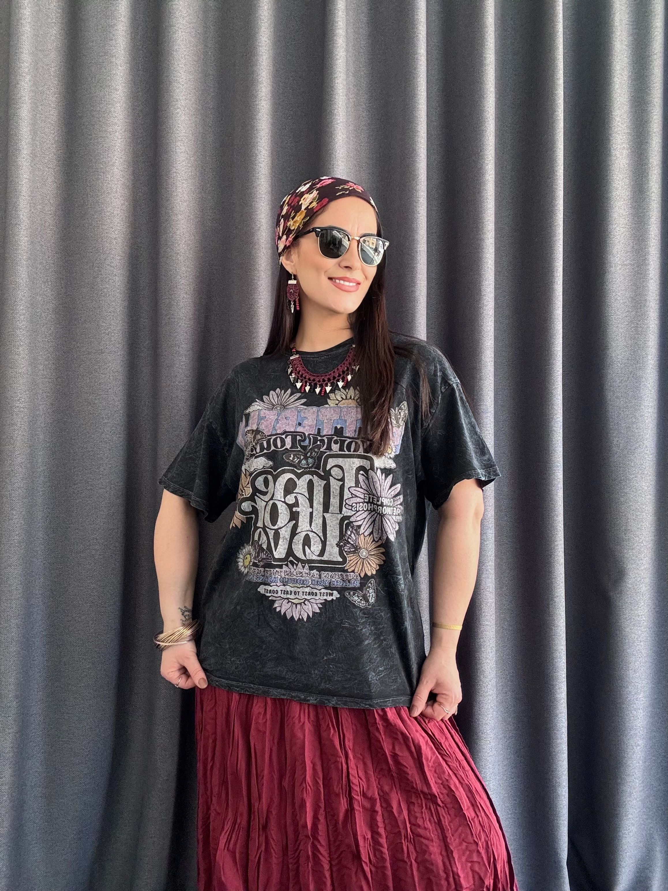 YIKAMALI BASKILI BERSHKA ANTRASİT TSHİRT