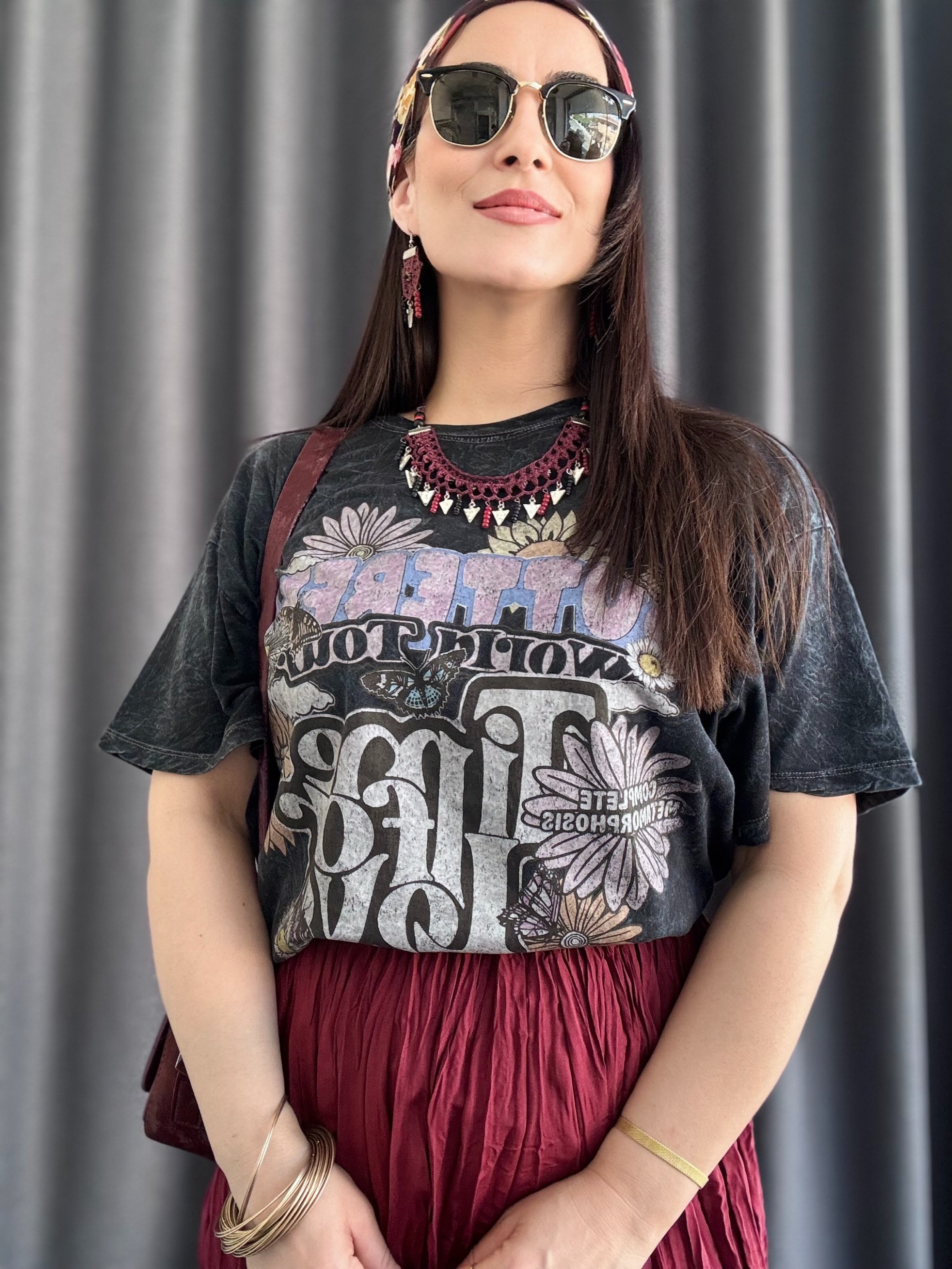 YIKAMALI BASKILI BERSHKA ANTRASİT TSHİRT