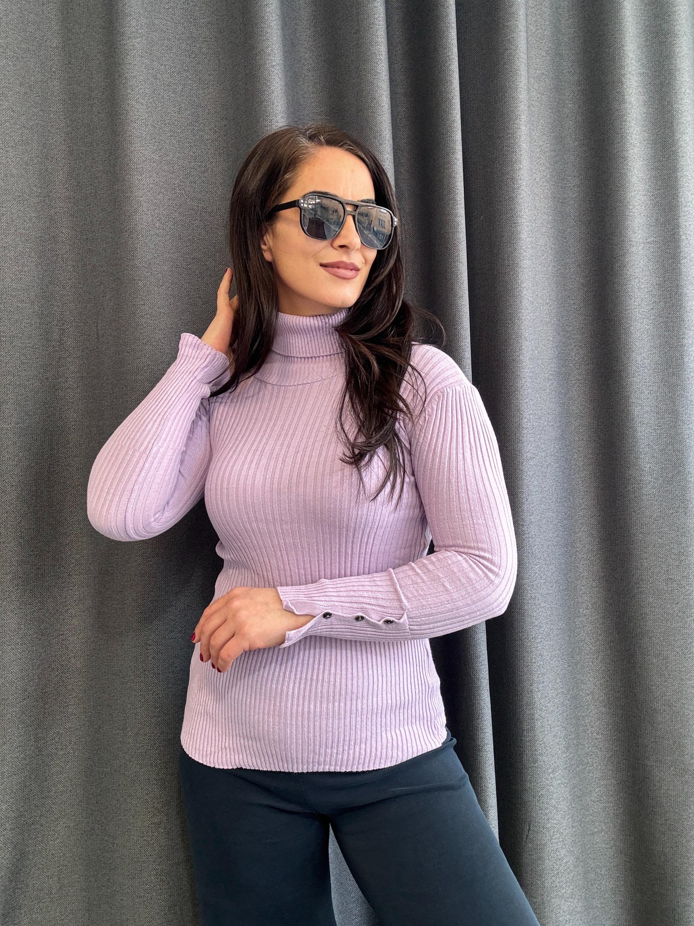 LİLA KOLLARI DÜĞMELİ BALIKÇI YAKA BLUZ