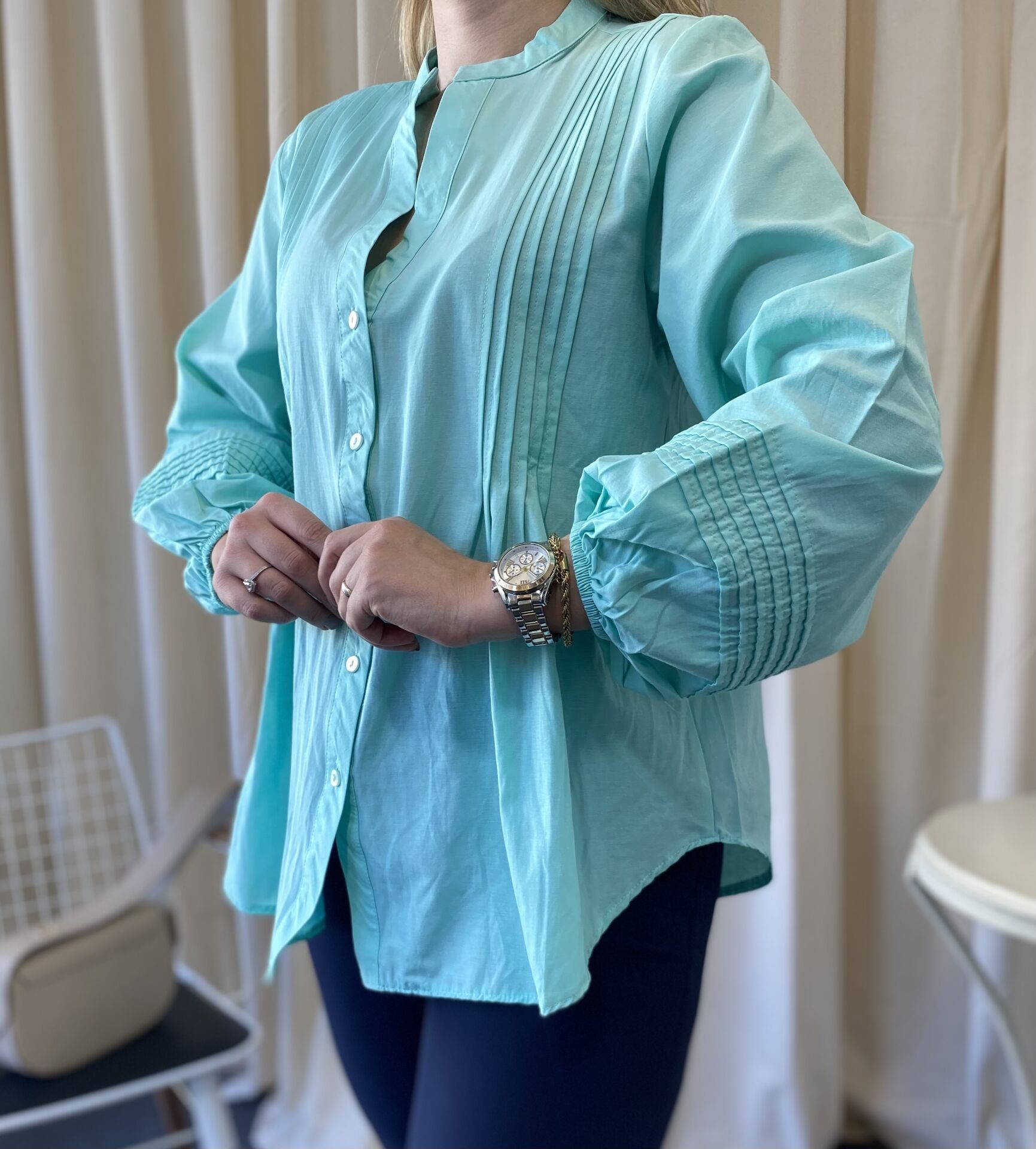 Mint Kolları Lastikli Poplin Gömlek