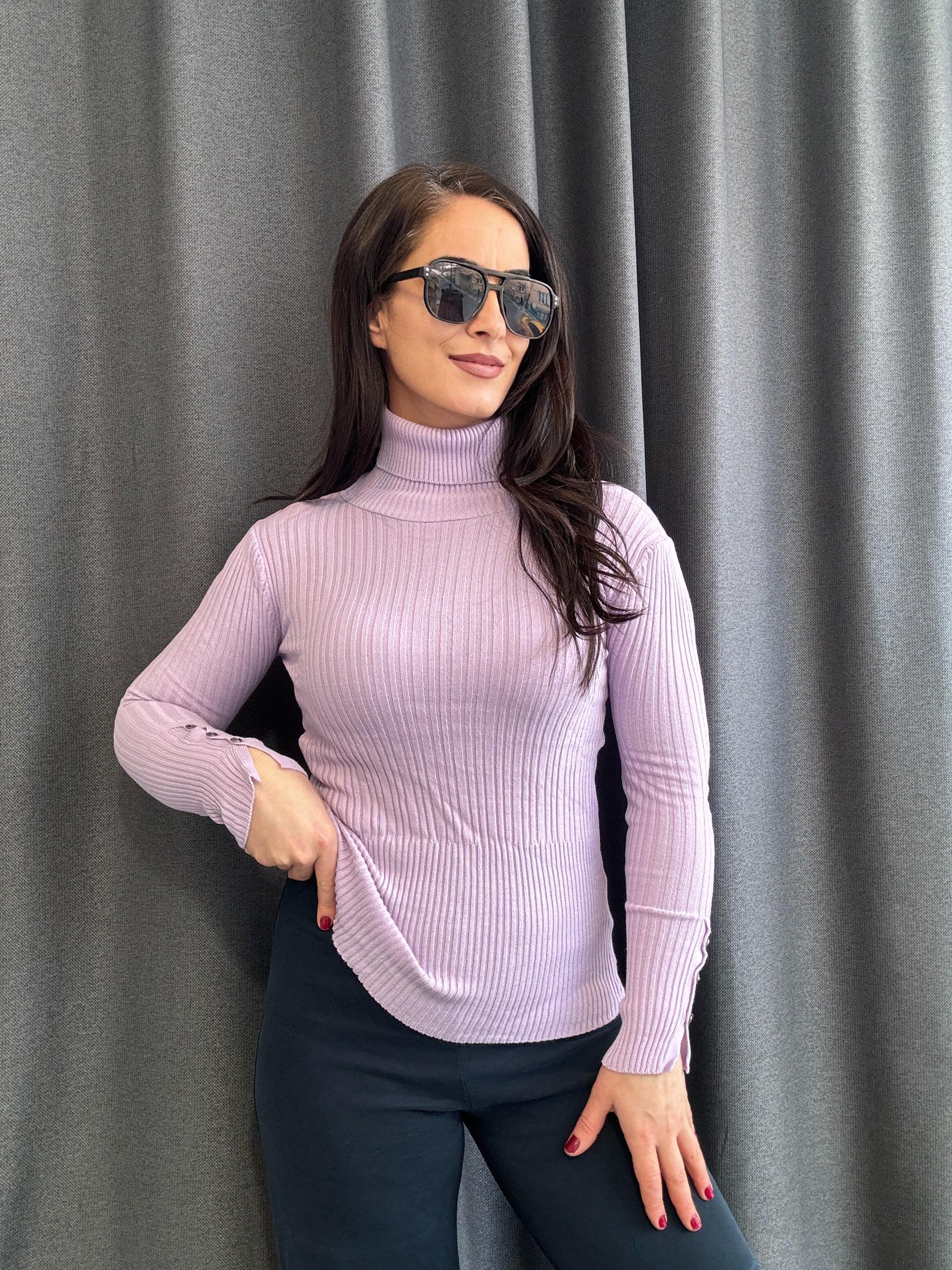 LİLA KOLLARI DÜĞMELİ BALIKÇI YAKA BLUZ