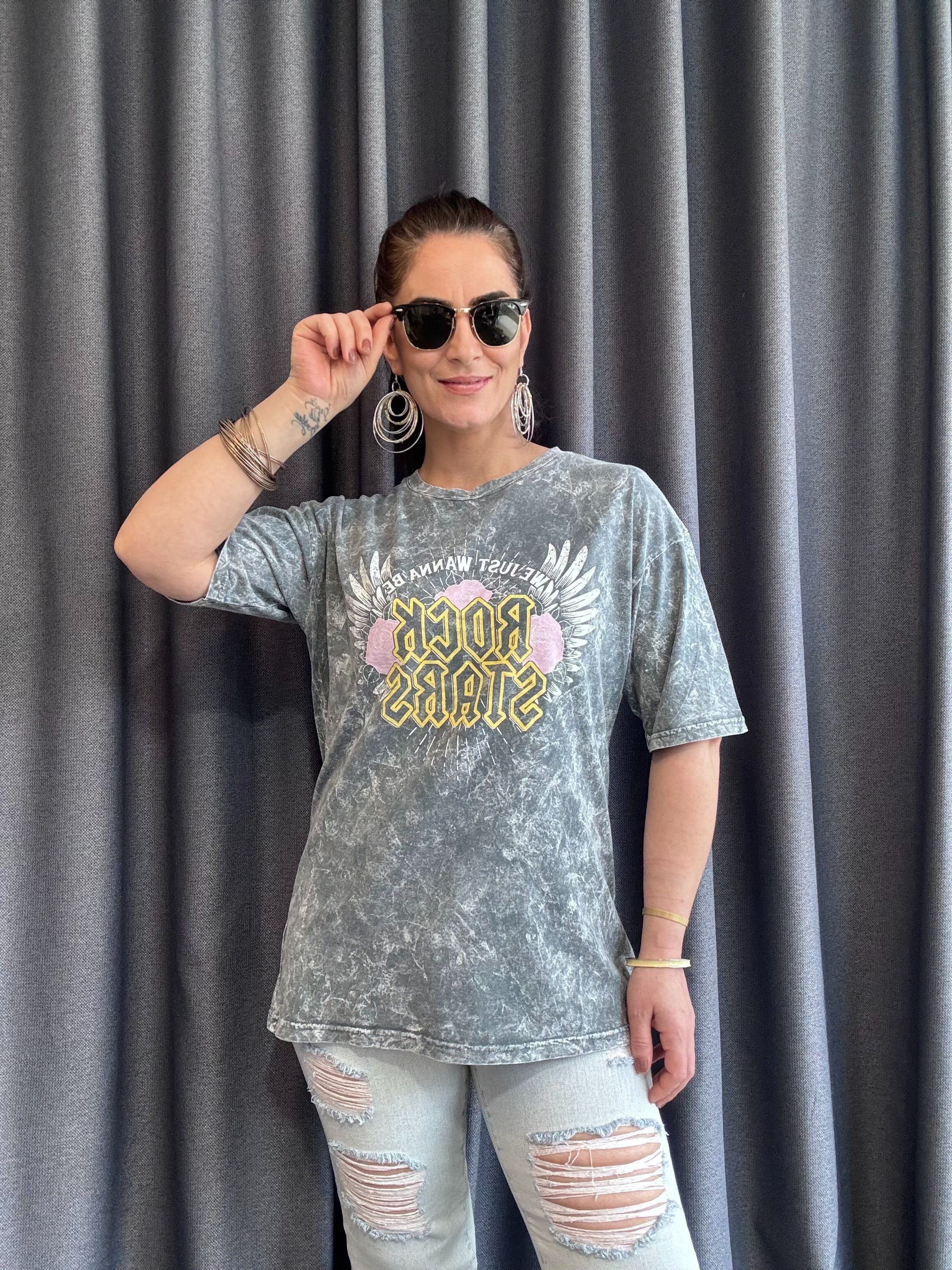 YIKAMALI YAZI BASKILI GRİ BERSHKA TSHİRT