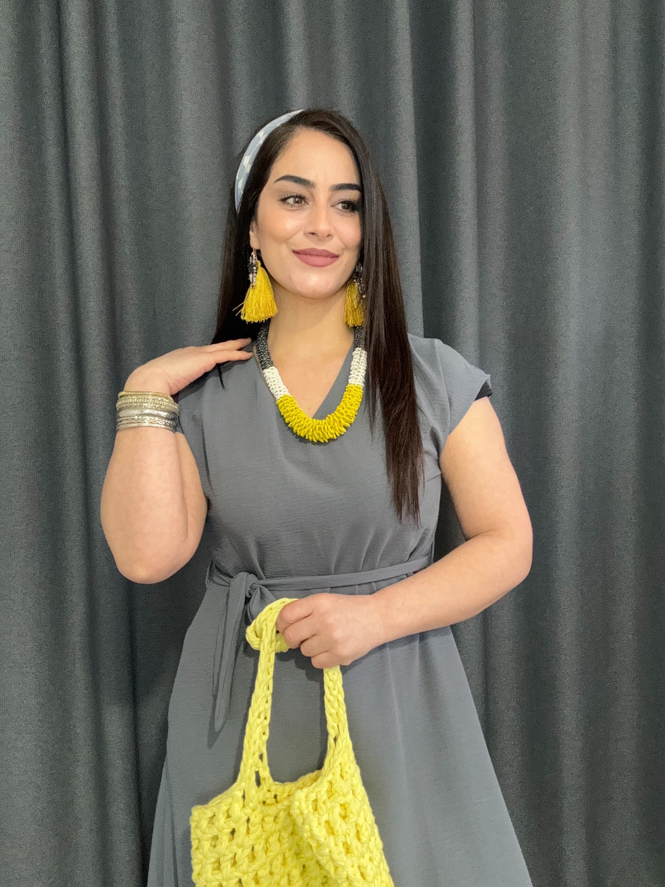 Kuşaklı Ayrobin Keten Cepli Elbise GRİ