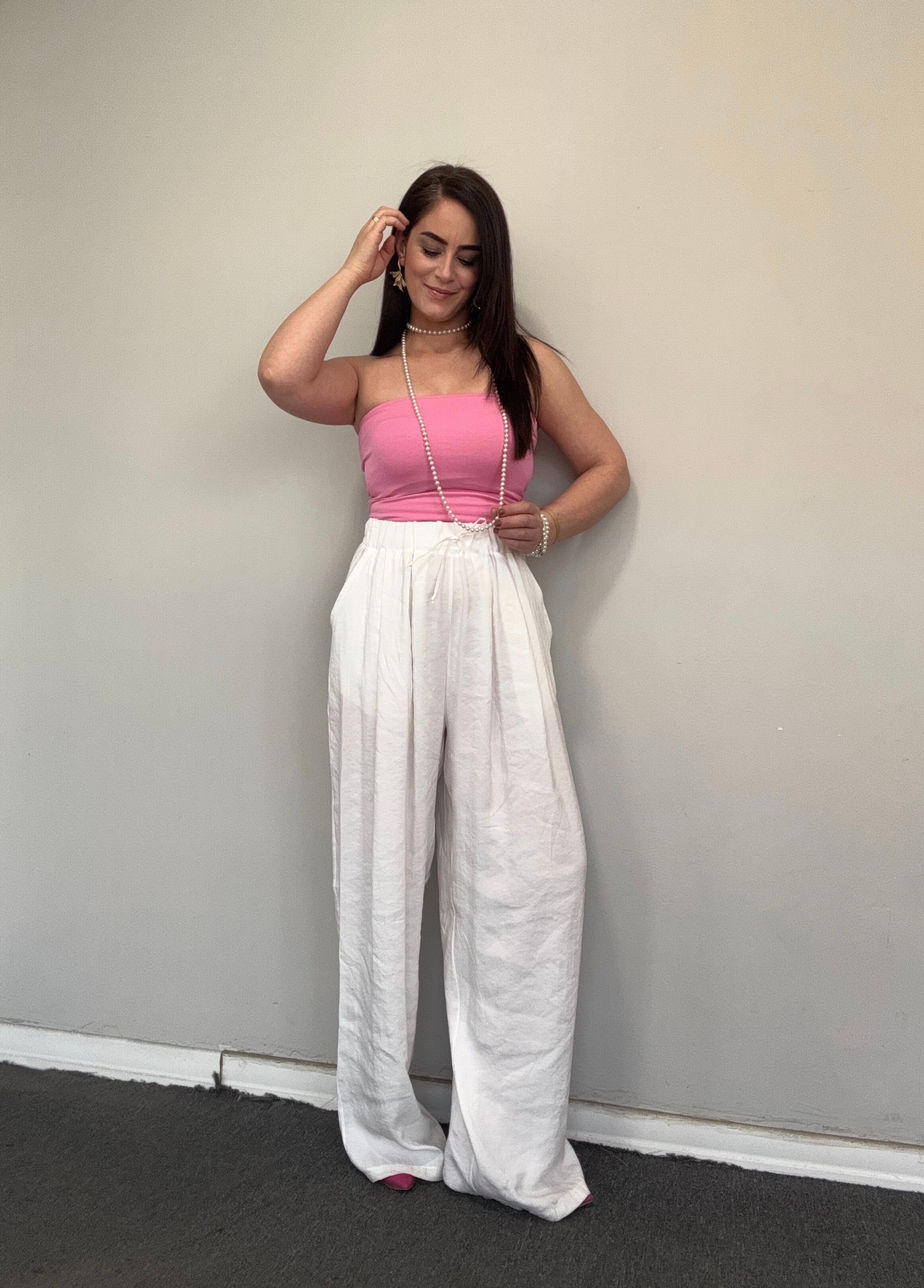 PREMIUM TENCEL KUMAŞ CEPLİ BEYAZ PALAZZO PANTOLON