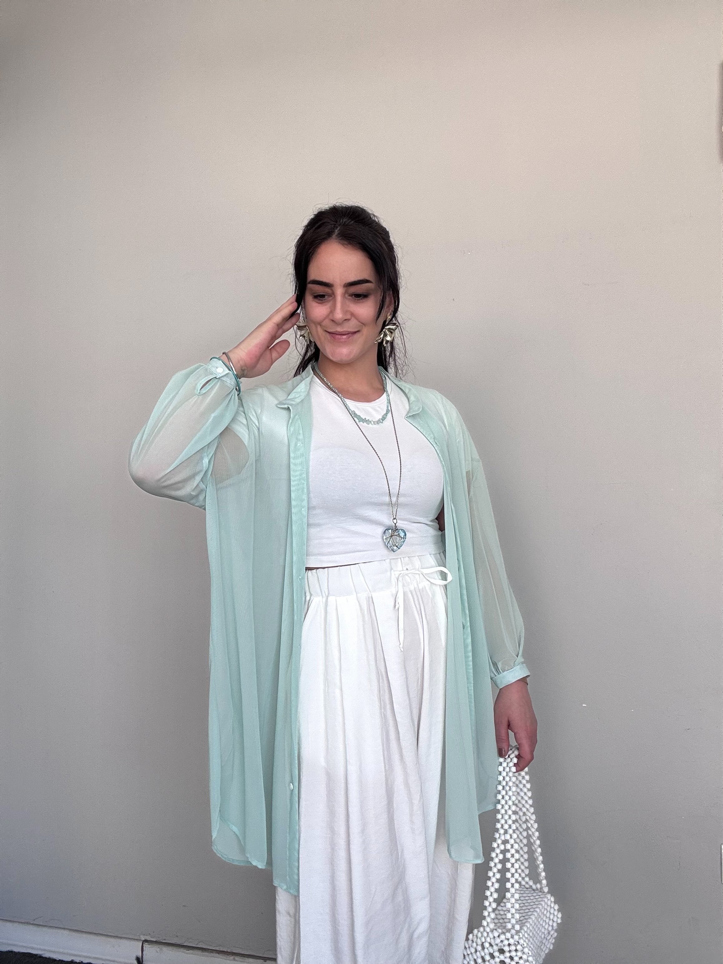 SU YEŞİLİ TRANSPARAN UZUN GÖMLEK