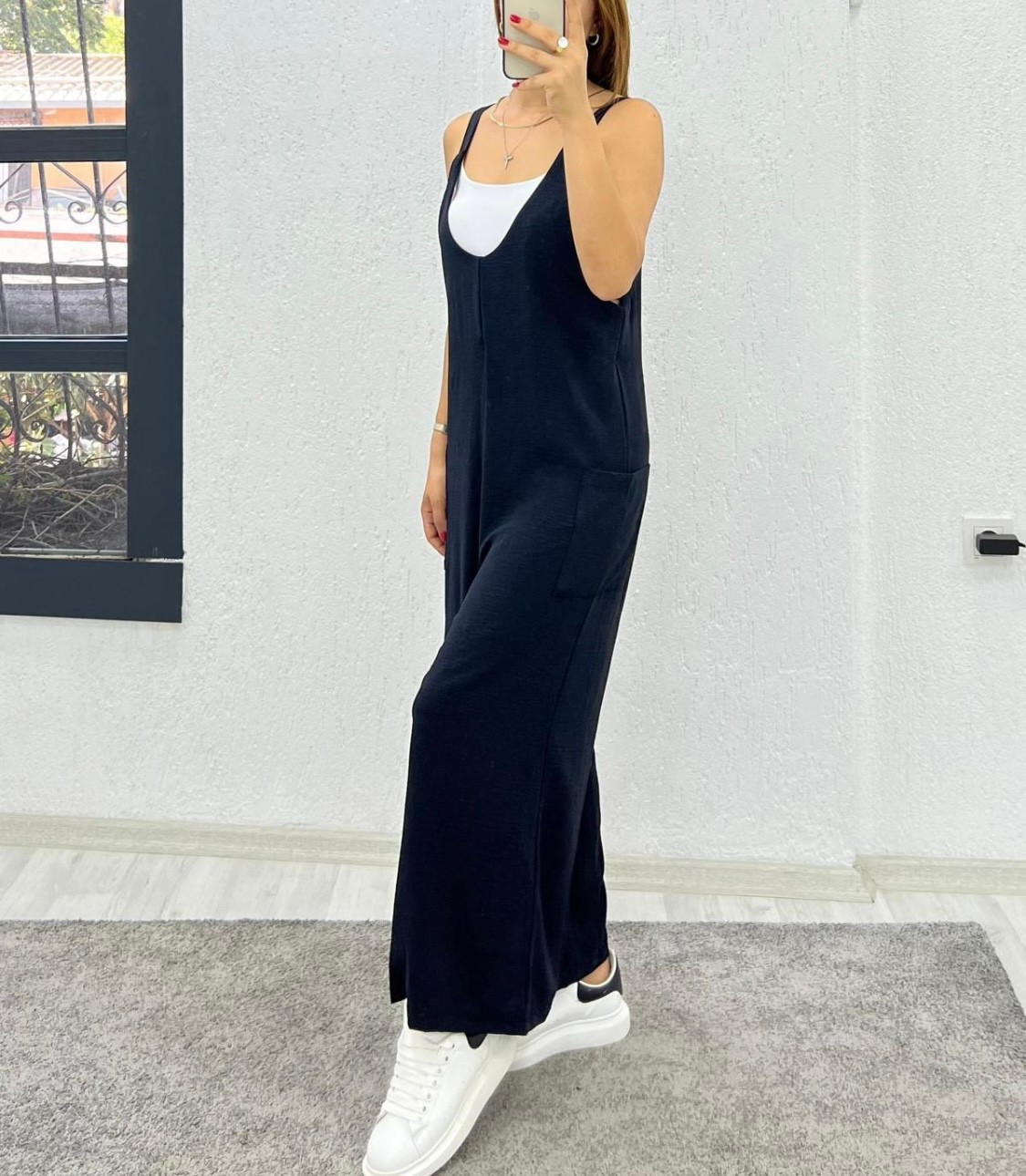 AYROBİN KETEN BOL KESİM SİYAH TULUM