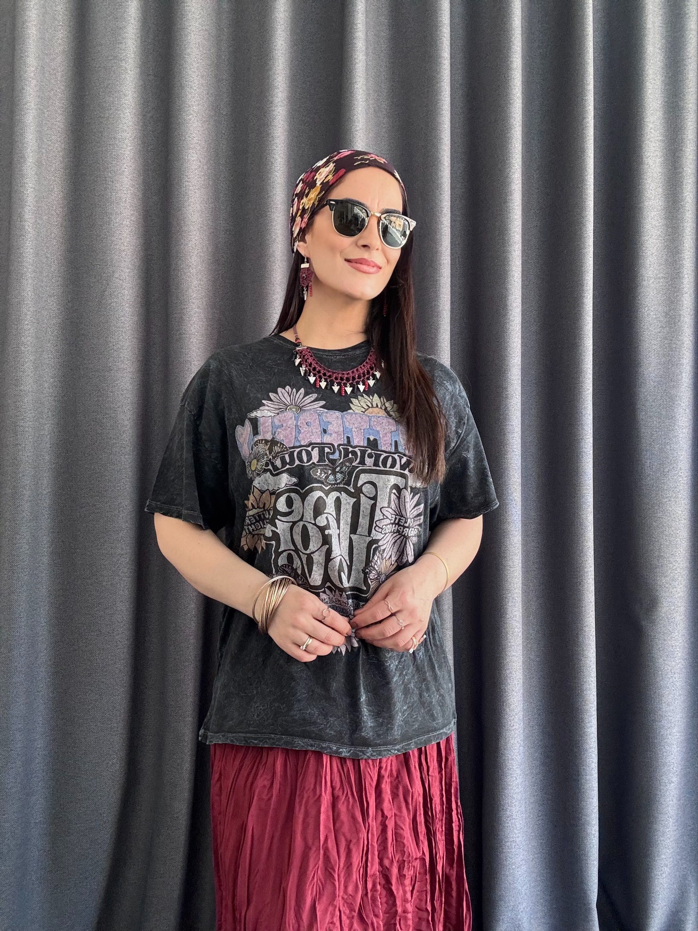 YIKAMALI BASKILI BERSHKA ANTRASİT TSHİRT
